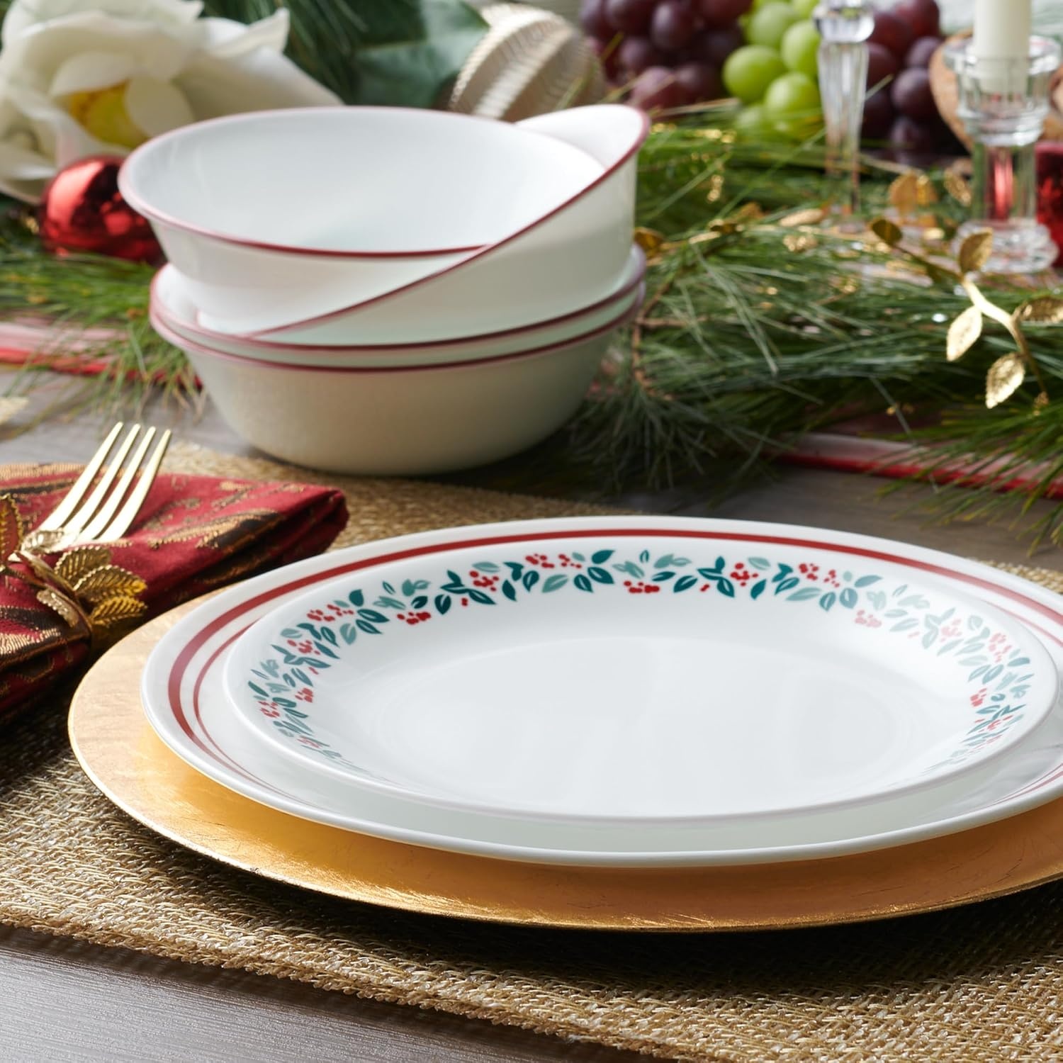 image:imageCorelle Vitrelle 18Piece Christmas Service for 6 Dinnerware Set Triple Layer Glass and Chip Resistant Lightweight Round Holiday Plates and Bowls Set Winter BerriesWinter Berries