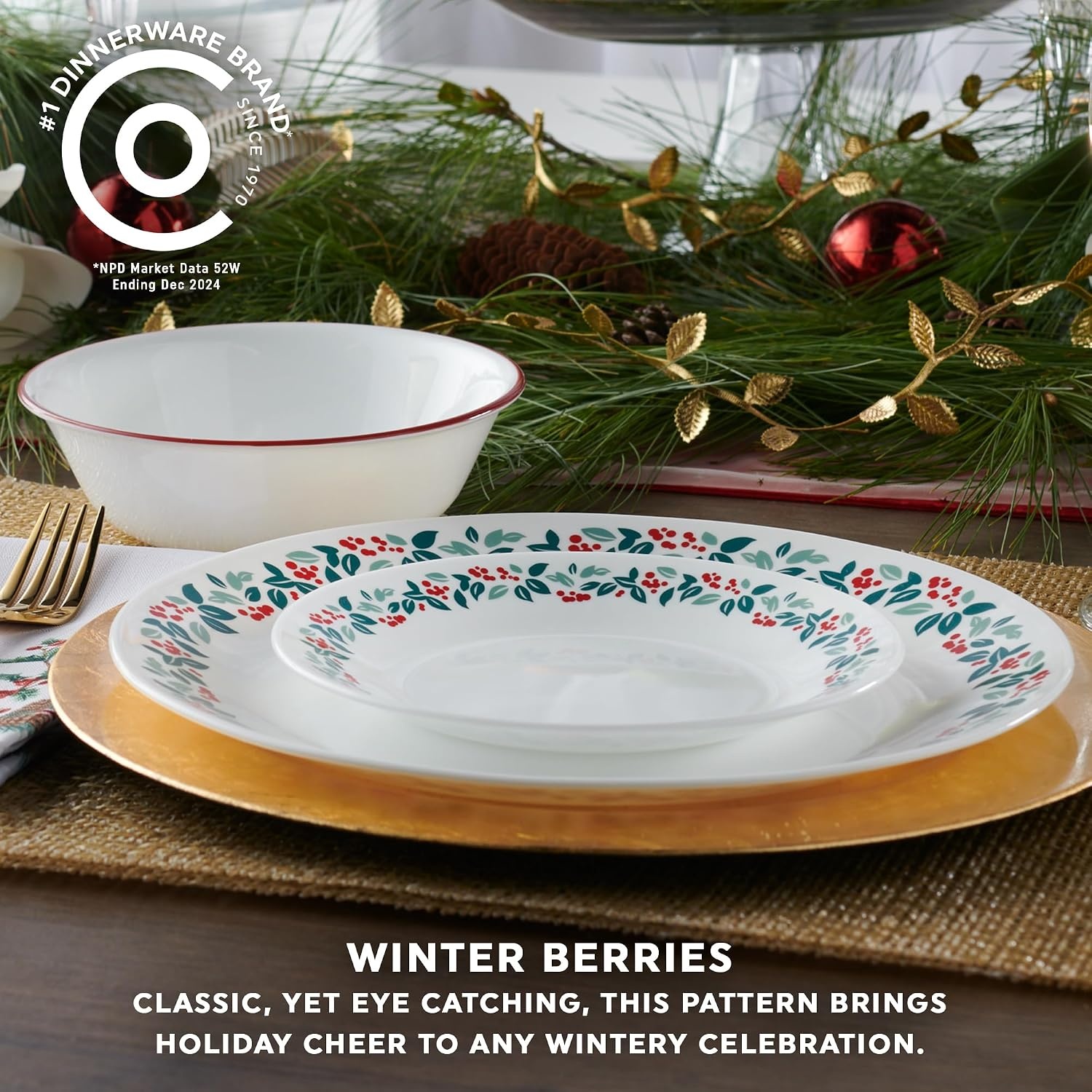 image:imageCorelle Vitrelle 18Piece Christmas Service for 6 Dinnerware Set Triple Layer Glass and Chip Resistant Lightweight Round Holiday Plates and Bowls Set Winter BerriesWinter Berries