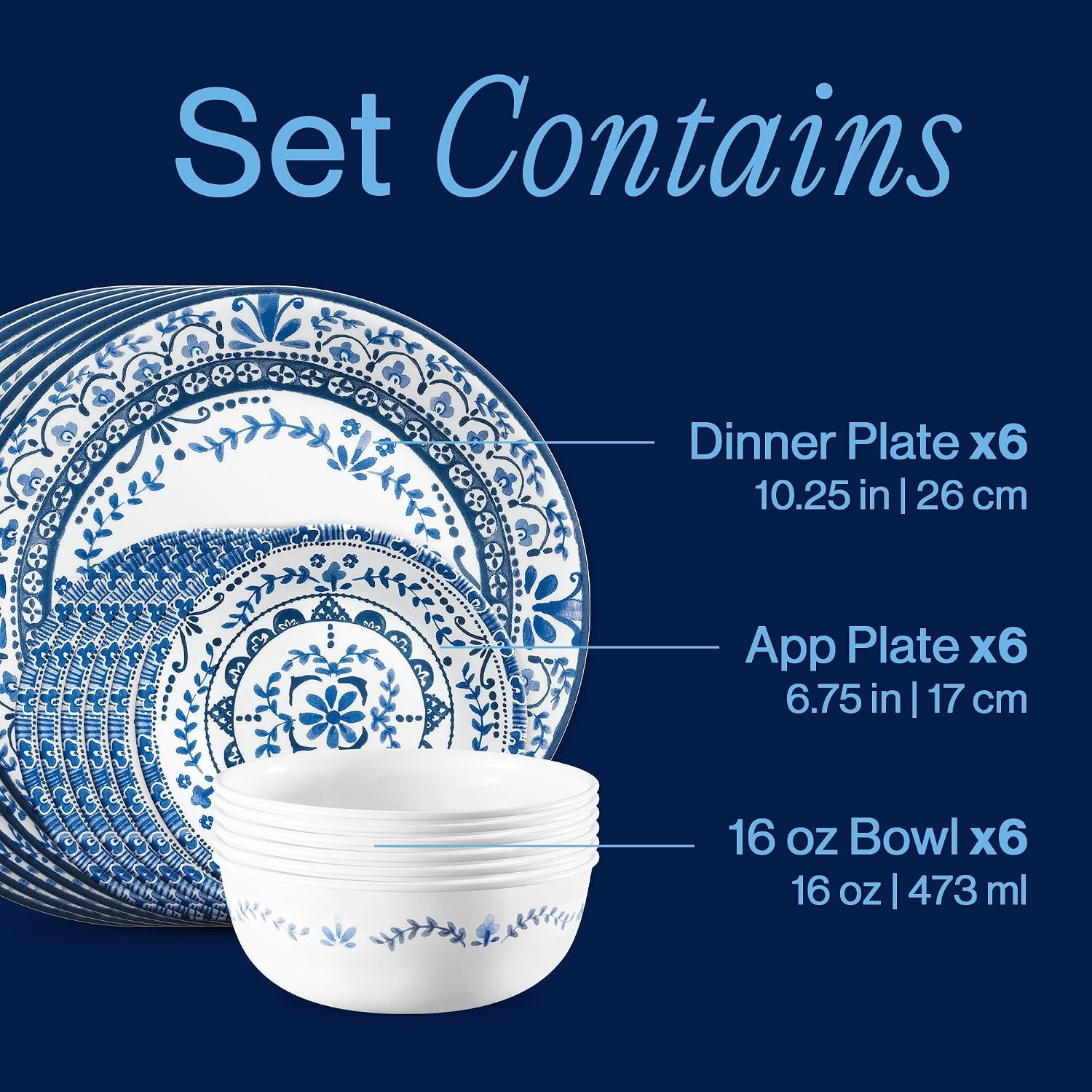 image:imageCorelle Vitrelle 18Piece Service for 6 Dinnerware Set Triple Layer Glass and Chip Resistant Lightweight Round Plates and Bowls Set PortofinoAnders