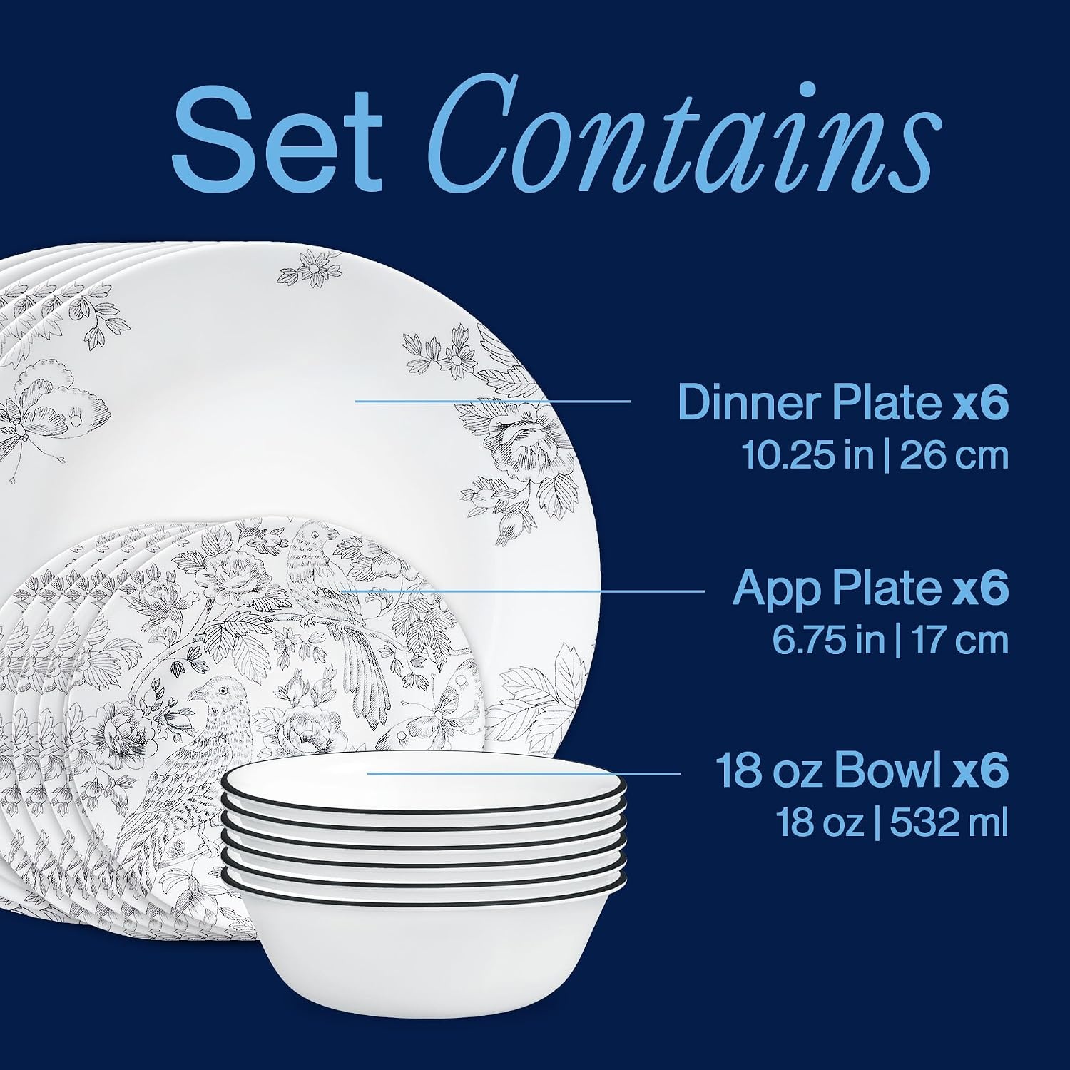 image:imageCorelle Vitrelle 18Piece Service for 6 Dinnerware Set Triple Layer Glass and Chip Resistant Lightweight Round Plates and Bowls Set PortofinoFrancheska