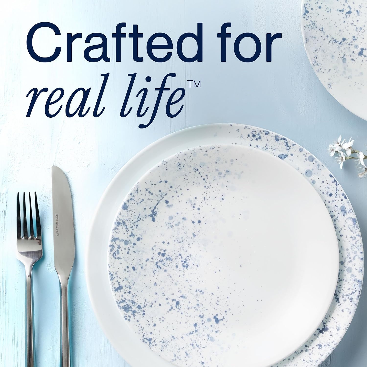 image:imageCorelle Vitrelle 18Piece Service for 6 Dinnerware Set Triple Layer Glass and Chip Resistant Lightweight Round Plates and Bowls Set PortofinoIndigo Speckle