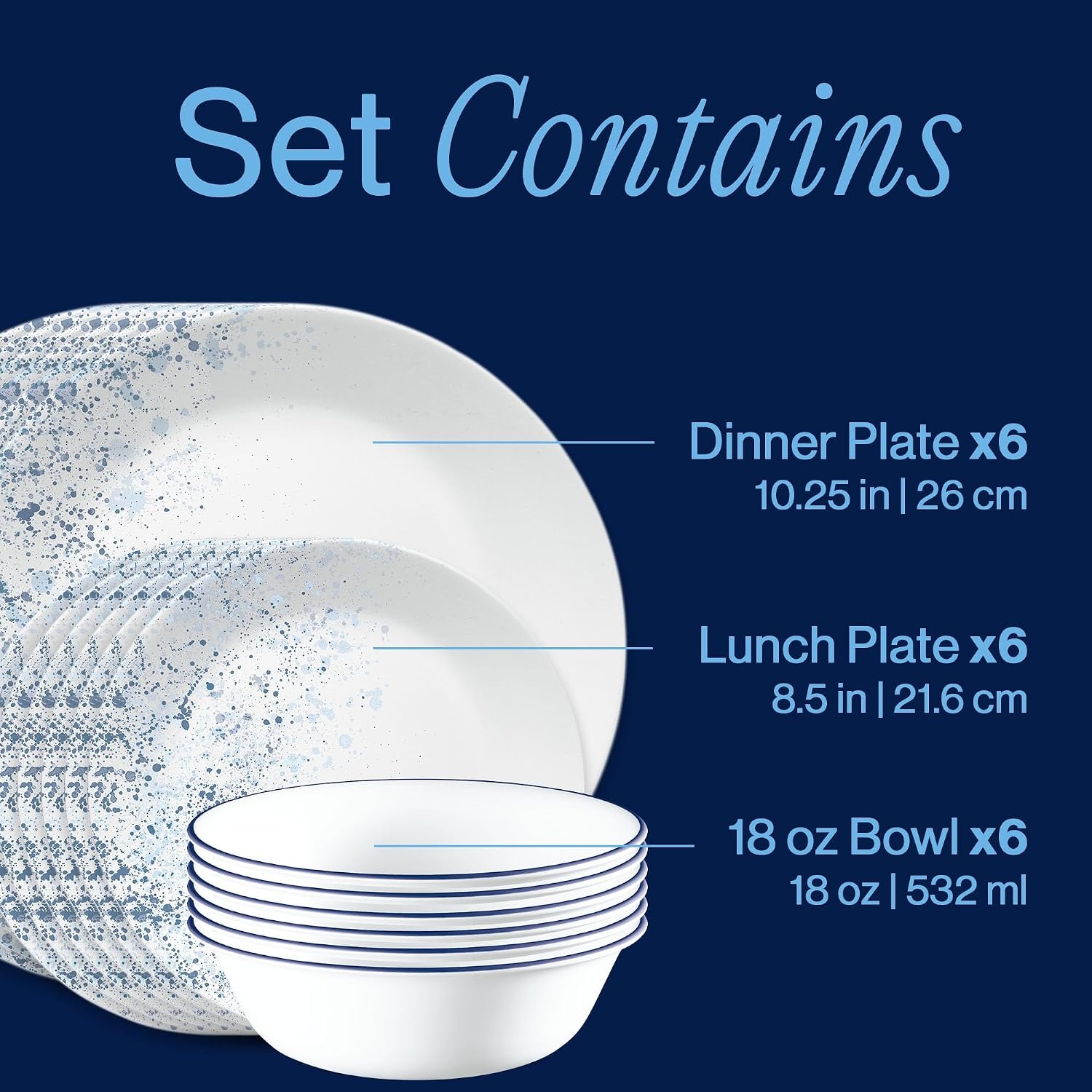 image:imageCorelle Vitrelle 18Piece Service for 6 Dinnerware Set Triple Layer Glass and Chip Resistant Lightweight Round Plates and Bowls Set PortofinoIndigo Speckle