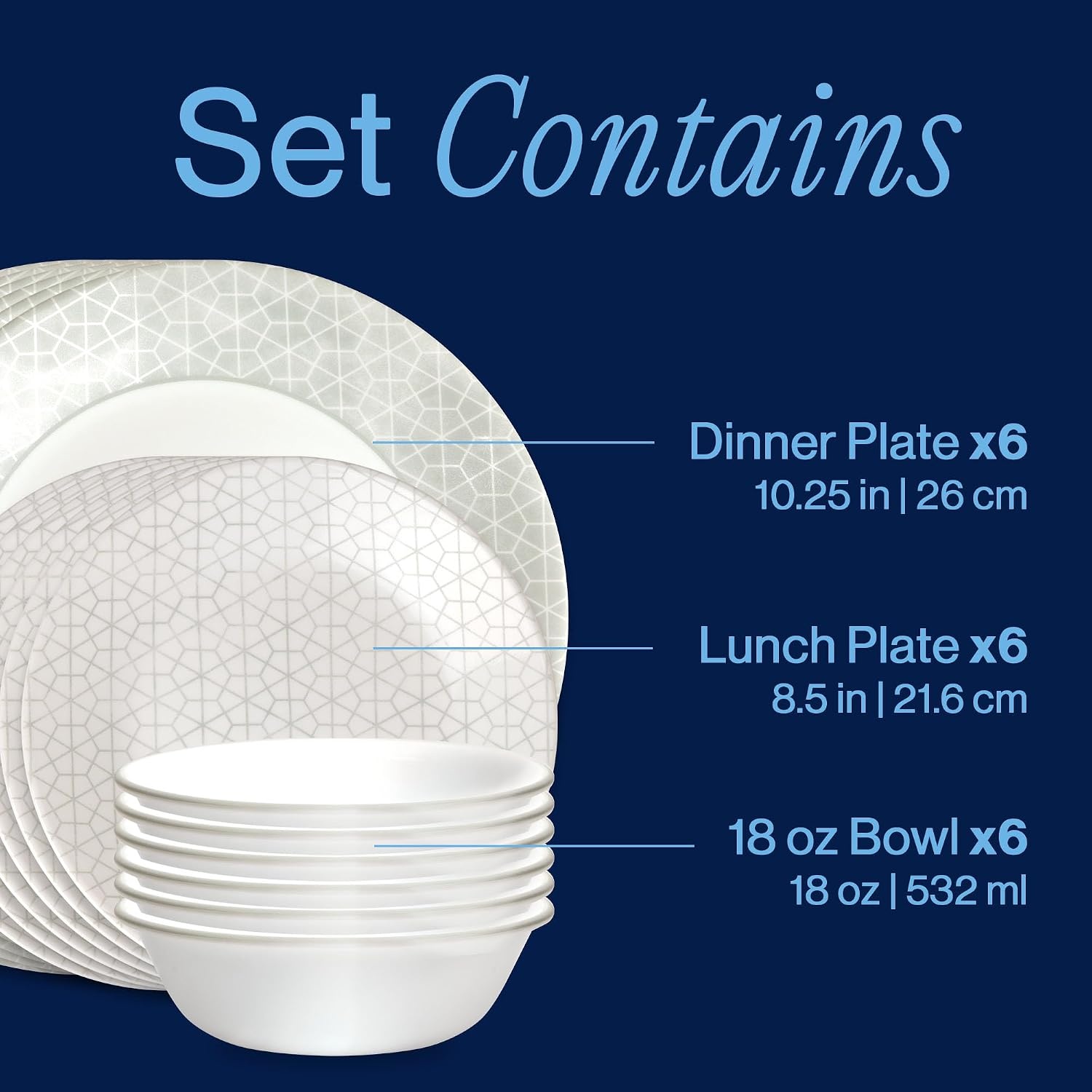 image:imageCorelle Vitrelle 18Piece Service for 6 Dinnerware Set Triple Layer Glass and Chip Resistant Lightweight Round Plates and Bowls Set PortofinoKnox