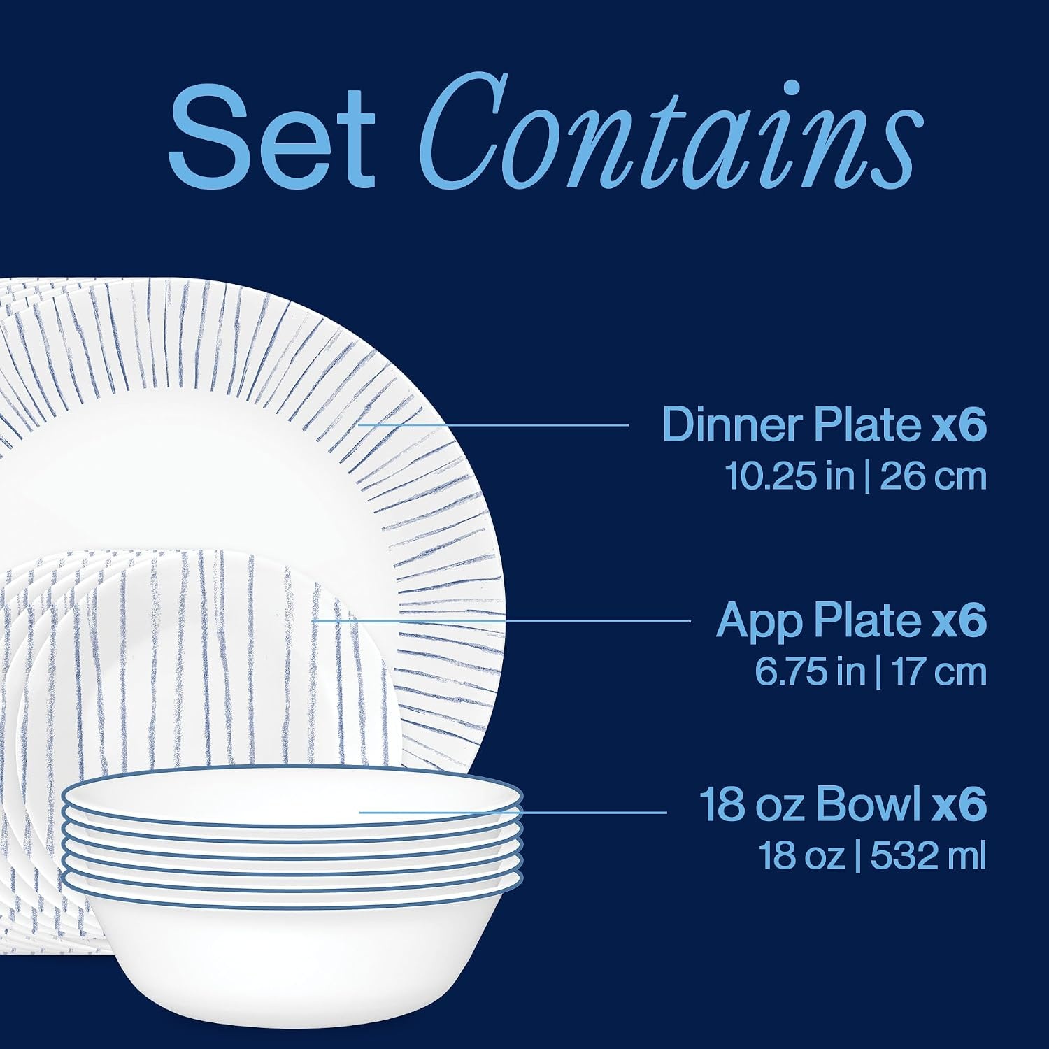 image:imageCorelle Vitrelle 18Piece Service for 6 Dinnerware Set Triple Layer Glass and Chip Resistant Lightweight Round Plates and Bowls Set PortofinoNautical Stripes