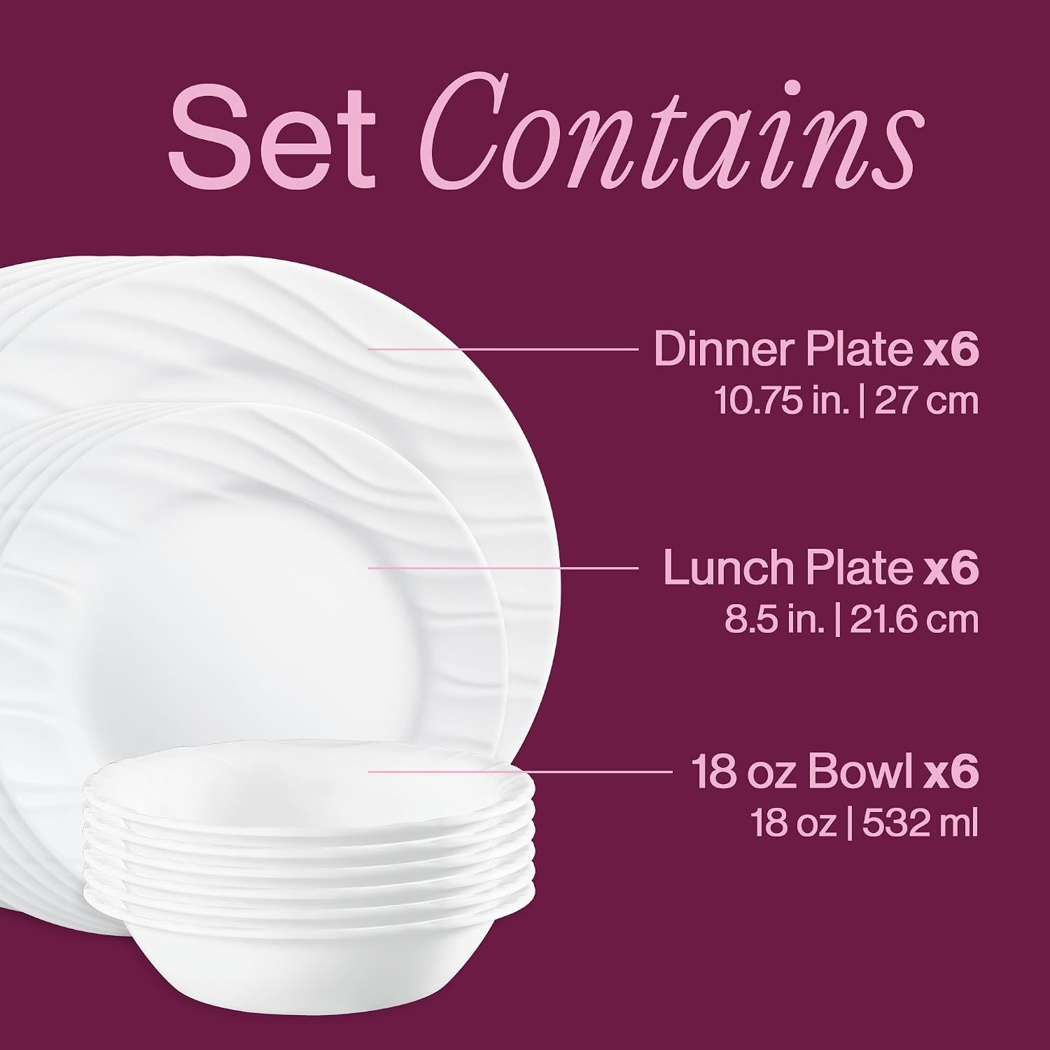 image:imageCorelle Vitrelle 18Piece Service for 6 Dinnerware Set Triple Layer Glass and Chip Resistant Lightweight Round Plates and Bowls Set PortofinoSwept