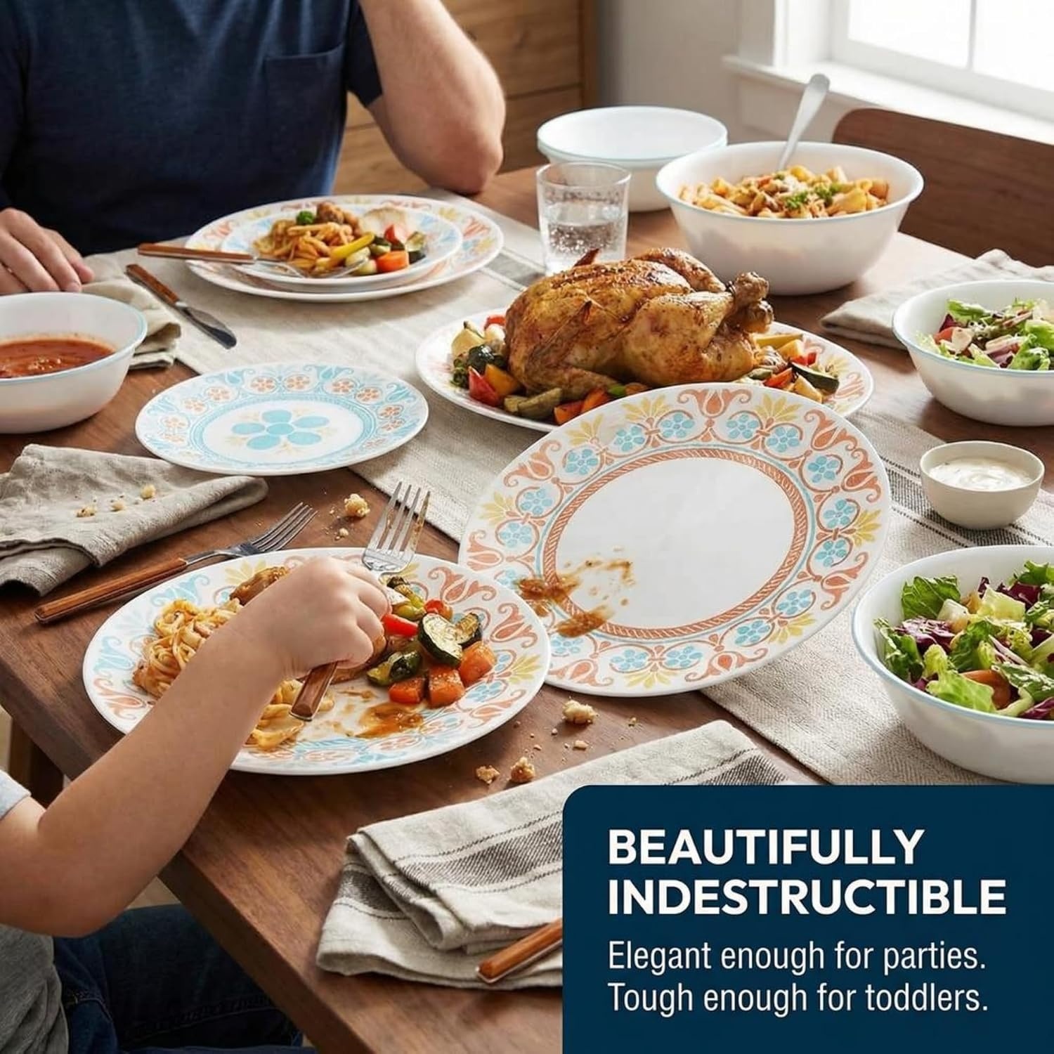image:imageCorelle Vitrelle 18Piece Service for 6 Dinnerware Set Triple Layer Glass and Chip Resistant Lightweight Round Plates and Bowls Set PortofinoTerracotta Dreams