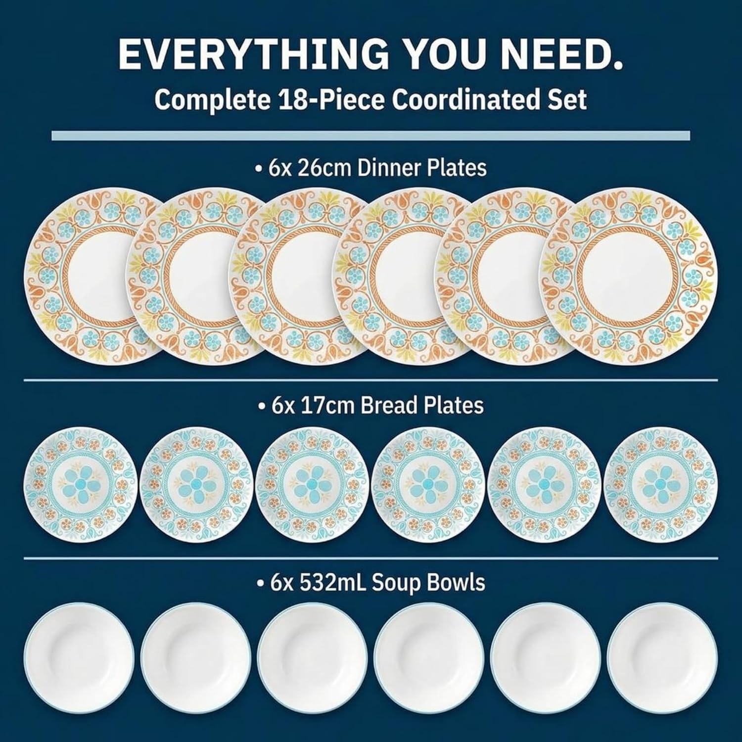 image:imageCorelle Vitrelle 18Piece Service for 6 Dinnerware Set Triple Layer Glass and Chip Resistant Lightweight Round Plates and Bowls Set PortofinoTerracotta Dreams