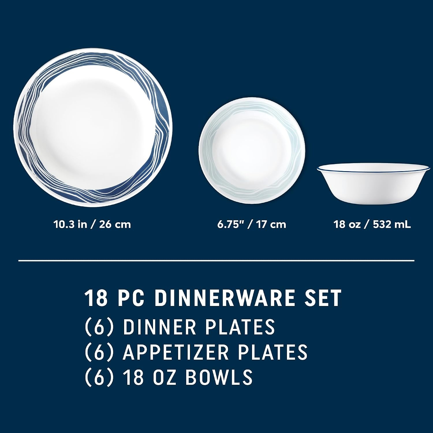 image:imageCorelle Vitrelle 18Piece Service for 6 Dinnerware Set Triple Layer Glass and Chip Resistant Lightweight Round Plates and Bowls Set Winter Frost WhiteAcadia