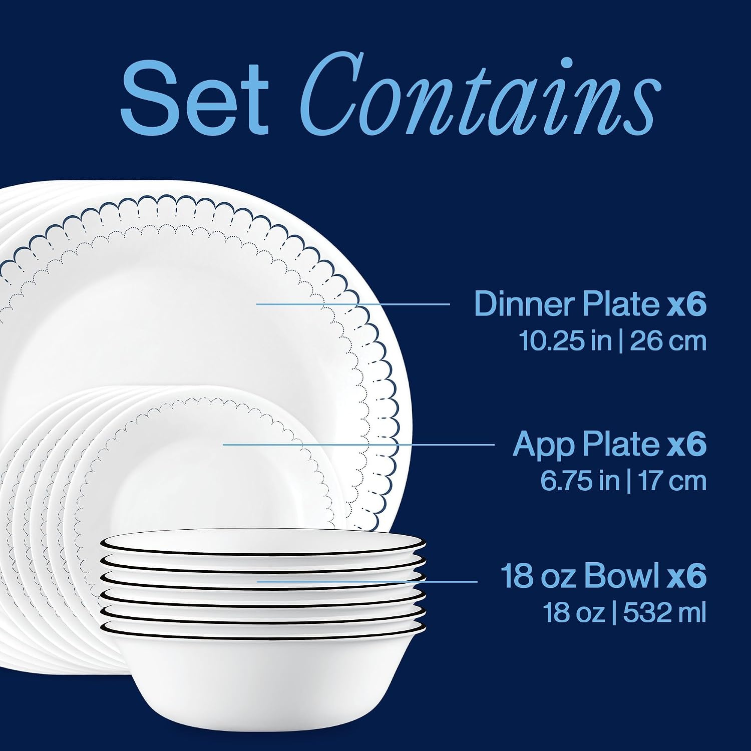 image:imageCorelle Vitrelle 18Piece Service for 6 Dinnerware Set Triple Layer Glass and Chip Resistant Lightweight Round Plates and Bowls Set Winter Frost WhiteCaspian