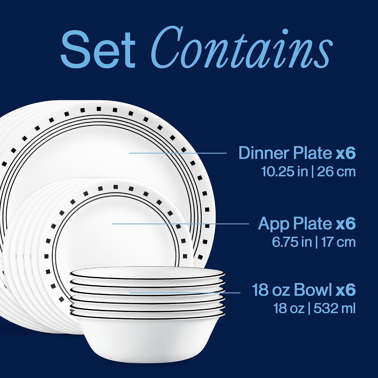 image:imageCorelle Vitrelle 18Piece Service for 6 Dinnerware Set Triple Layer Glass and Chip Resistant Lightweight Round Plates and Bowls Set Winter Frost WhiteCity Block