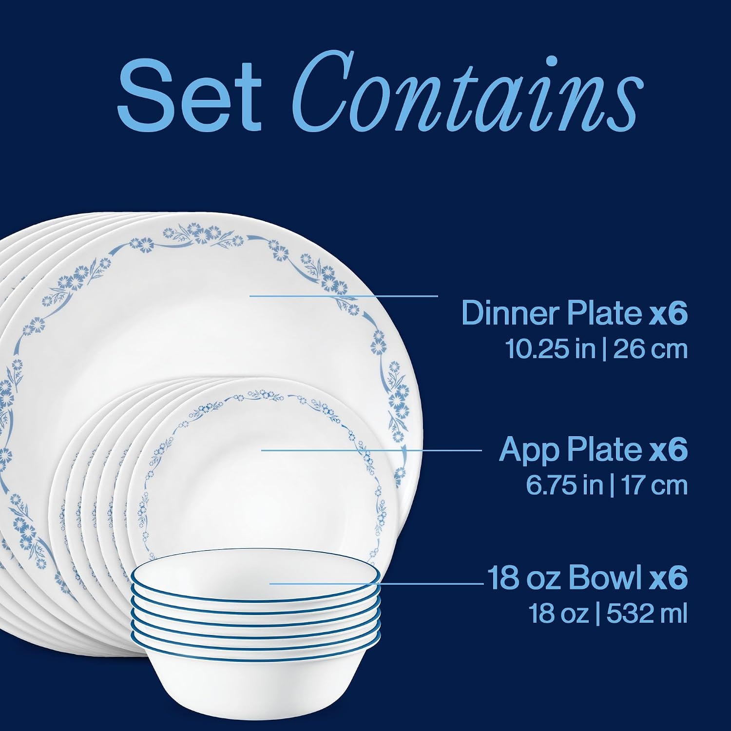 image:imageCorelle Vitrelle 18Piece Service for 6 Dinnerware Set Triple Layer Glass and Chip Resistant Lightweight Round Plates and Bowls Set Winter Frost WhiteCornflower Blue