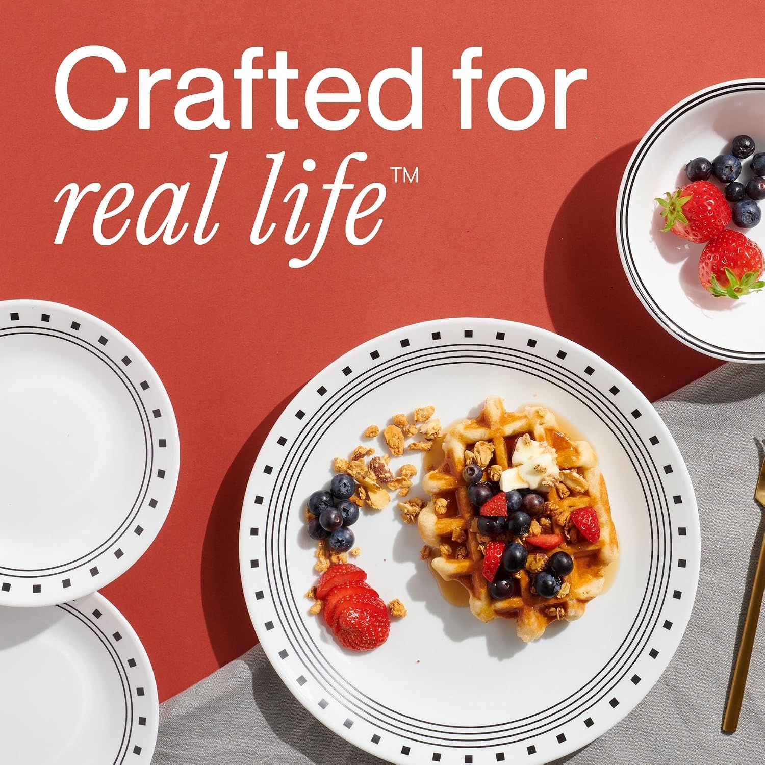 image:imageCorelle Vitrelle 18Piece Service for 6 Dinnerware Set Triple Layer Glass and Chip Resistant Lightweight Round Plates and Bowls Set Winter Frost WhiteCity Block