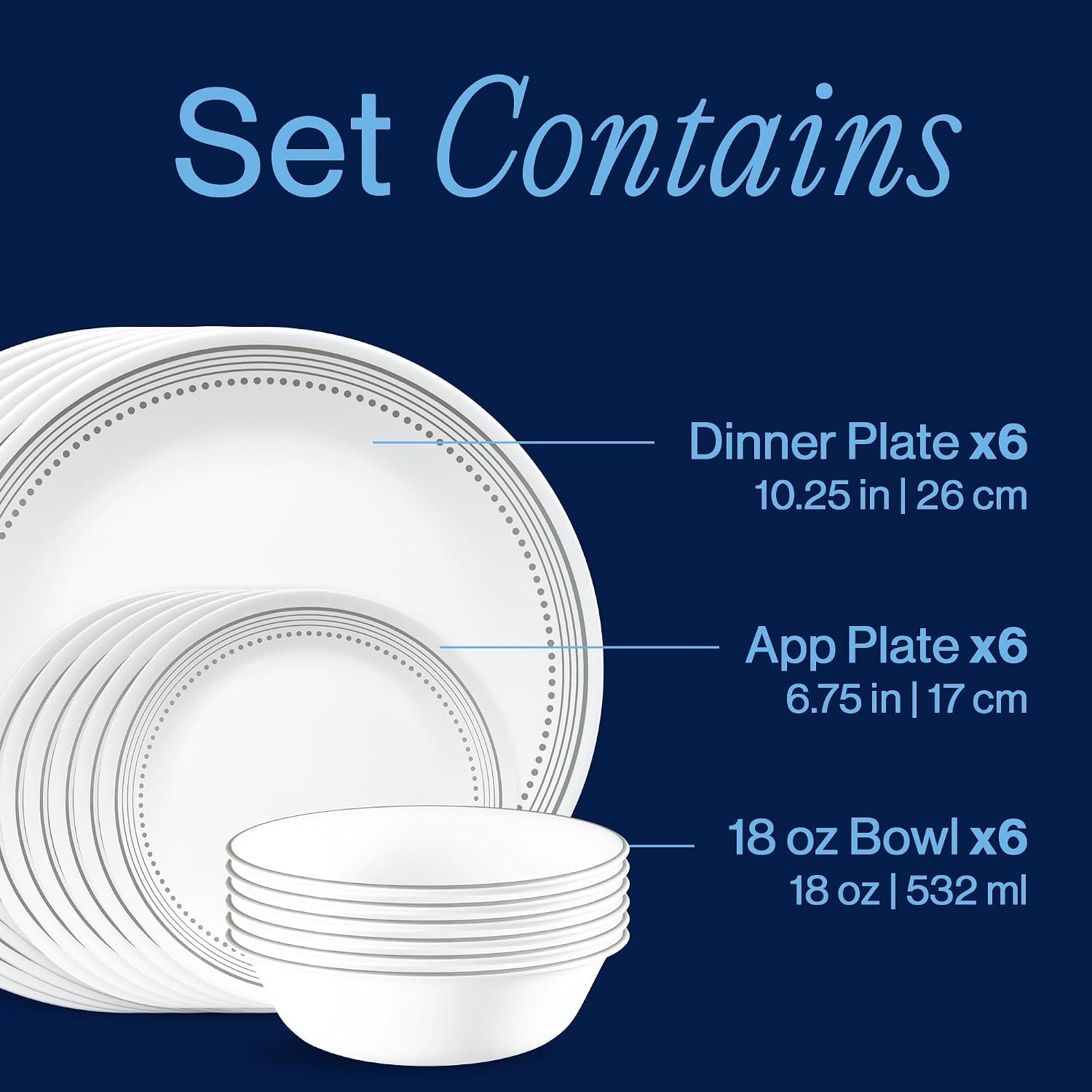 image:imageCorelle Vitrelle 18Piece Service for 6 Dinnerware Set Triple Layer Glass and Chip Resistant Lightweight Round Plates and Bowls Set Winter Frost WhiteMystic Gray