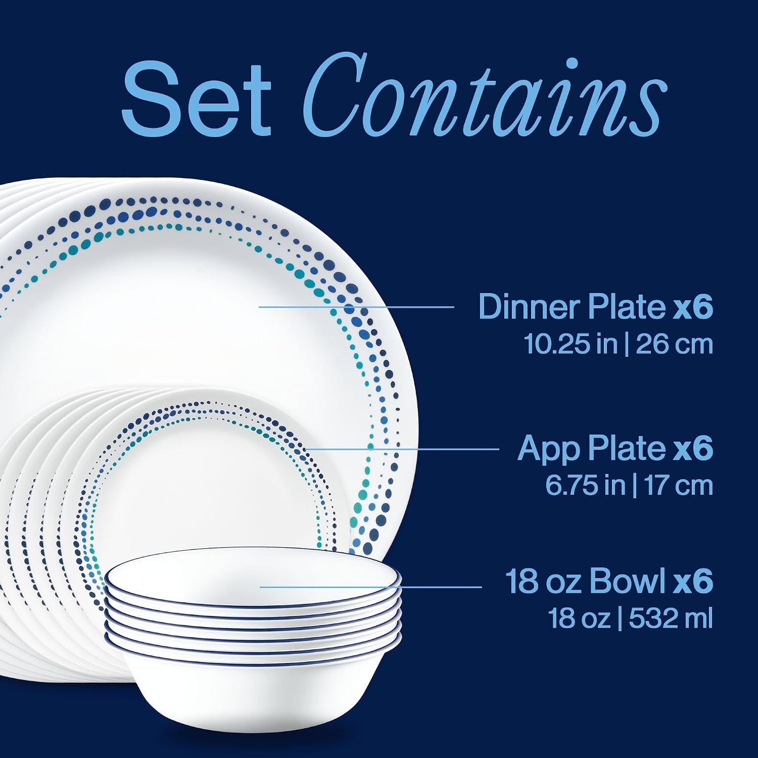 image:imageCorelle Vitrelle 18Piece Service for 6 Dinnerware Set Triple Layer Glass and Chip Resistant Lightweight Round Plates and Bowls Set Winter Frost WhiteOcean Blue