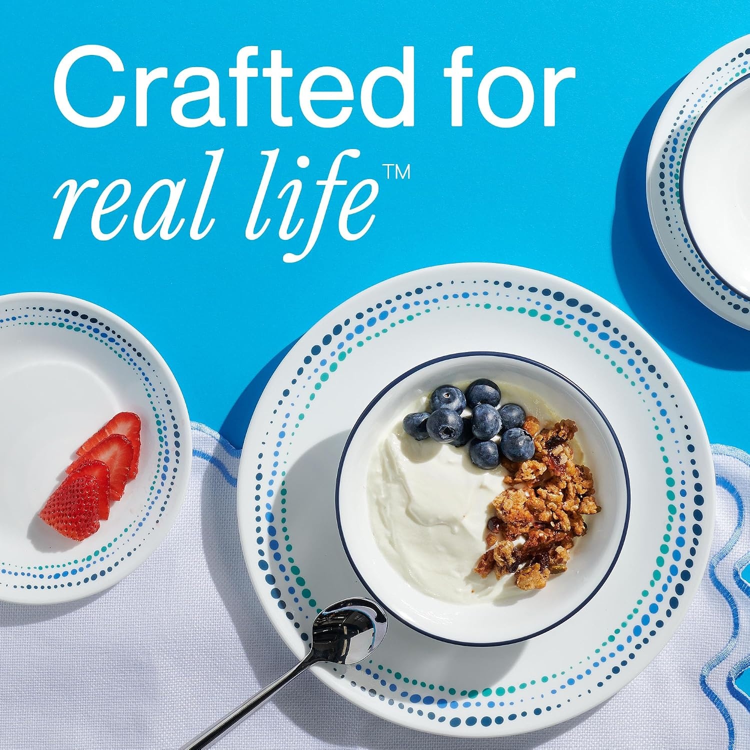 image:imageCorelle Vitrelle 18Piece Service for 6 Dinnerware Set Triple Layer Glass and Chip Resistant Lightweight Round Plates and Bowls Set Winter Frost WhiteOcean Blue