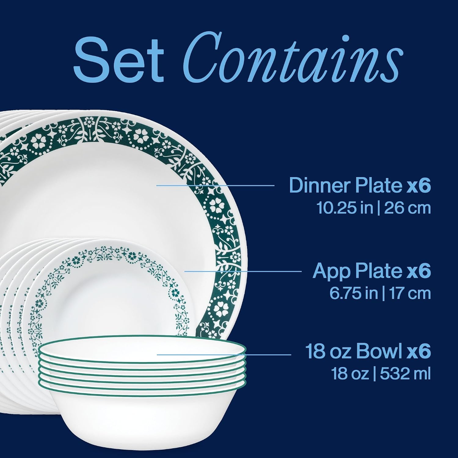 image:imageCorelle Vitrelle 18Piece Service for 6 Dinnerware Set Triple Layer Glass and Chip Resistant Lightweight Round Plates and Bowls Set Winter Frost WhitePenelope