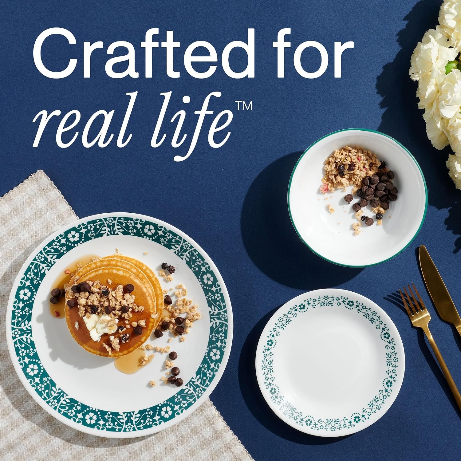 image:imageCorelle Vitrelle 18Piece Service for 6 Dinnerware Set Triple Layer Glass and Chip Resistant Lightweight Round Plates and Bowls Set Winter Frost WhitePenelope