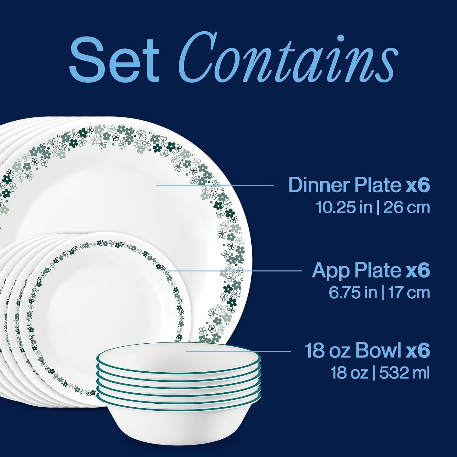 image:imageCorelle Vitrelle 18Piece Service for 6 Dinnerware Set Triple Layer Glass and Chip Resistant Lightweight Round Plates and Bowls Set Winter Frost WhiteSpring Blossom Teal
