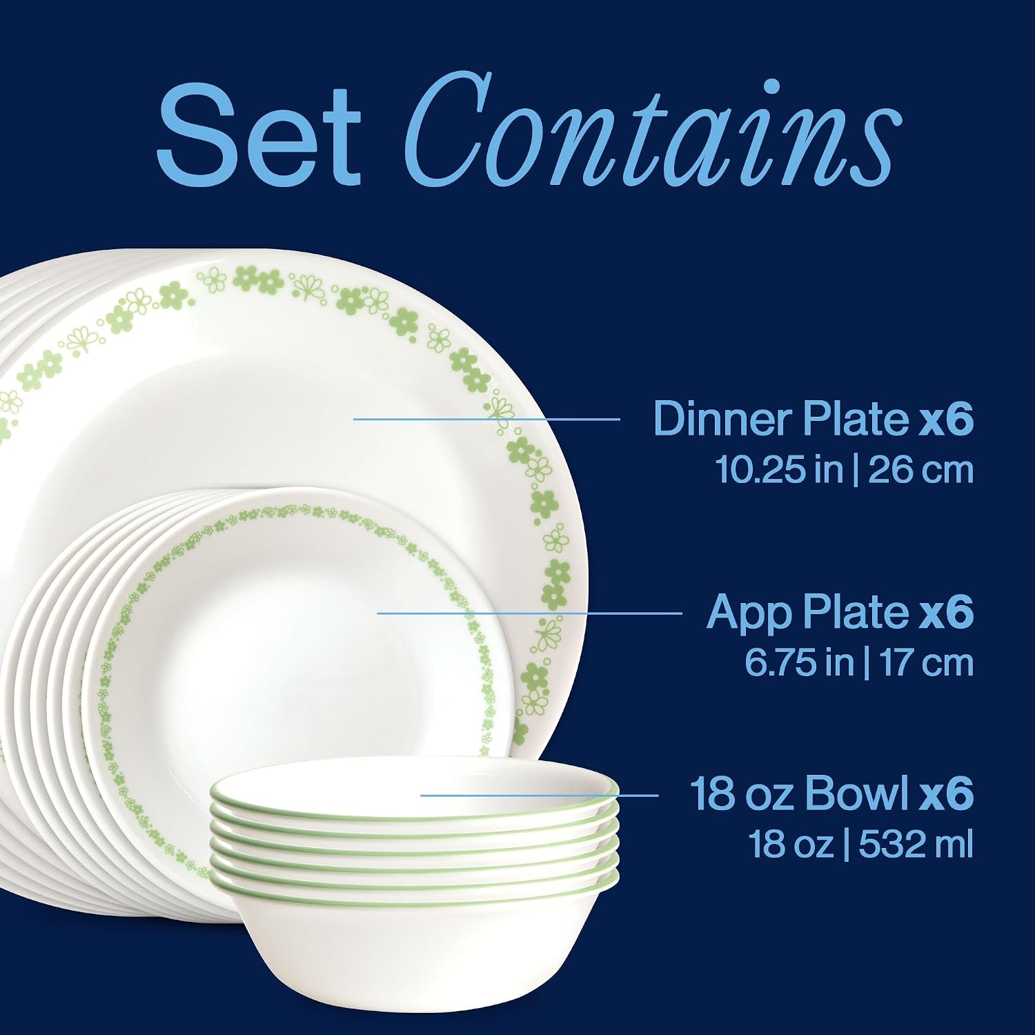 image:imageCorelle Vitrelle 18Piece Service for 6 Dinnerware Set Triple Layer Glass and Chip Resistant Lightweight Round Plates and Bowls Set Winter Frost WhiteSpring Blossom Green