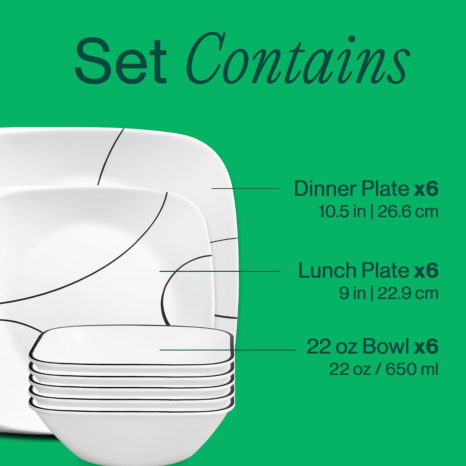image:imageCorelle Vitrelle 18Piece Service for 6 Square Dinnerware Set Triple Layer Glass and Chip Resistant Lightweight Square Plates and Bowls Set Pure WhiteSimple Lines