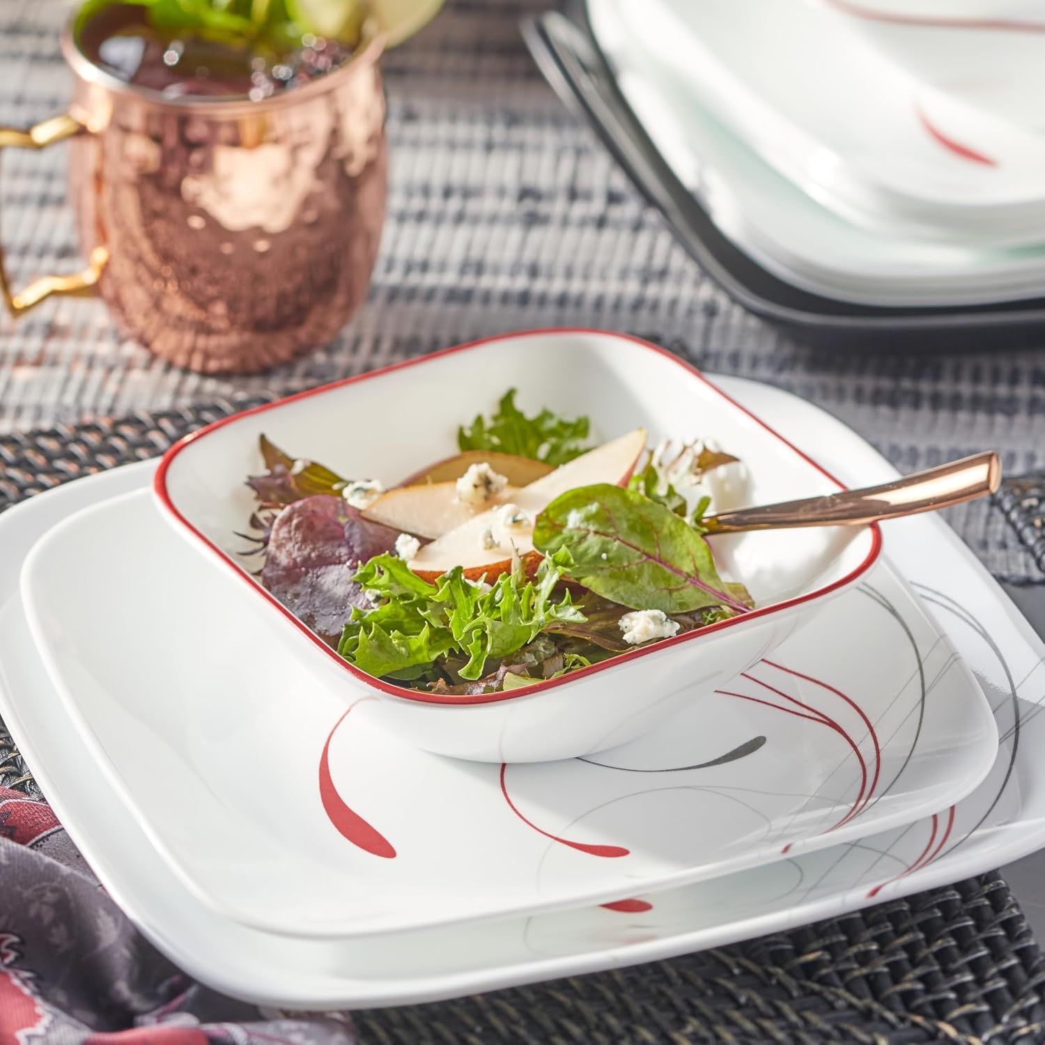 image:imageCorelle Vitrelle 18Piece Service for 6 Square Dinnerware Set Triple Layer Glass and Chip Resistant Lightweight Square Plates and Bowls Set Pure WhiteSplendor