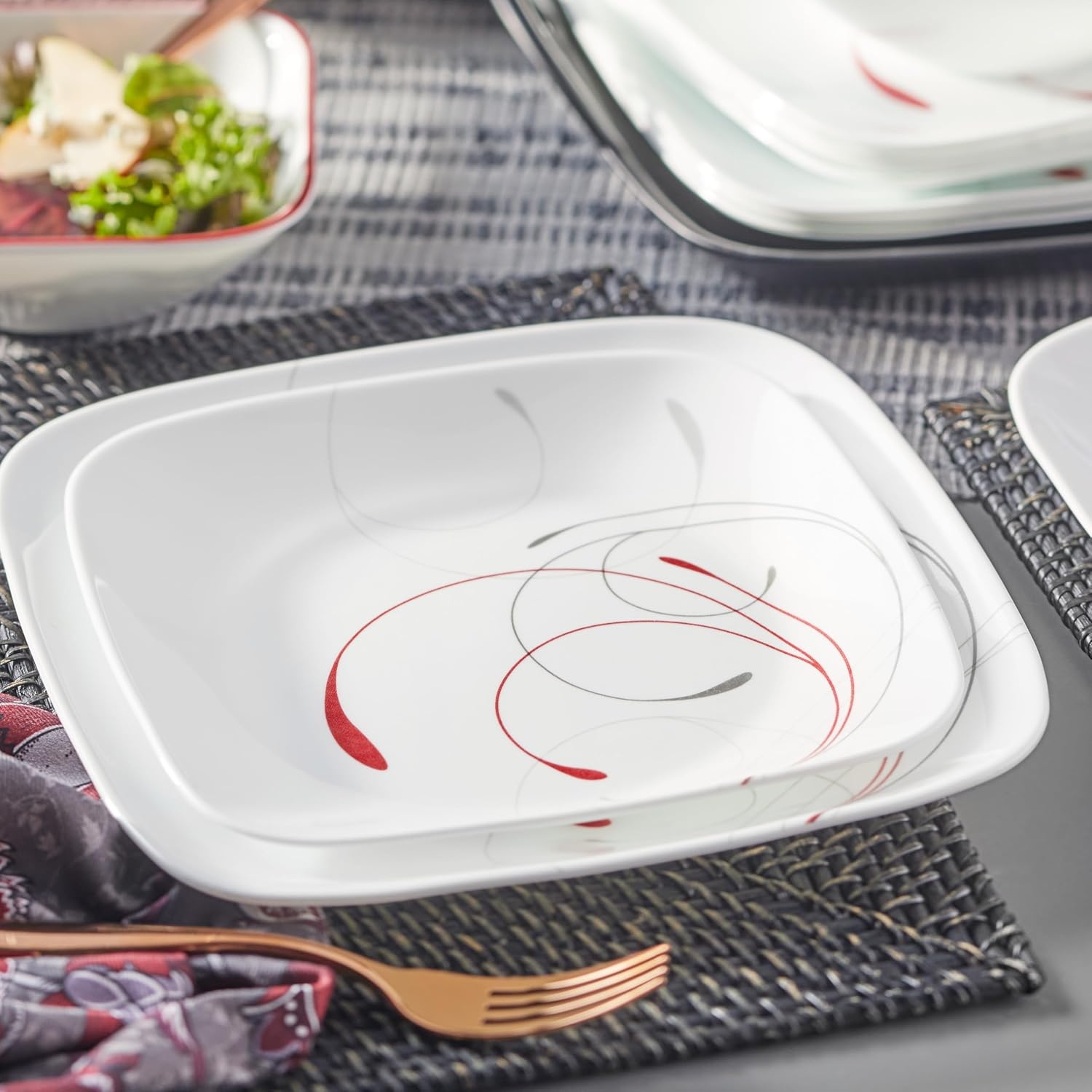 image:imageCorelle Vitrelle 18Piece Service for 6 Square Dinnerware Set Triple Layer Glass and Chip Resistant Lightweight Square Plates and Bowls Set Pure WhiteSplendor