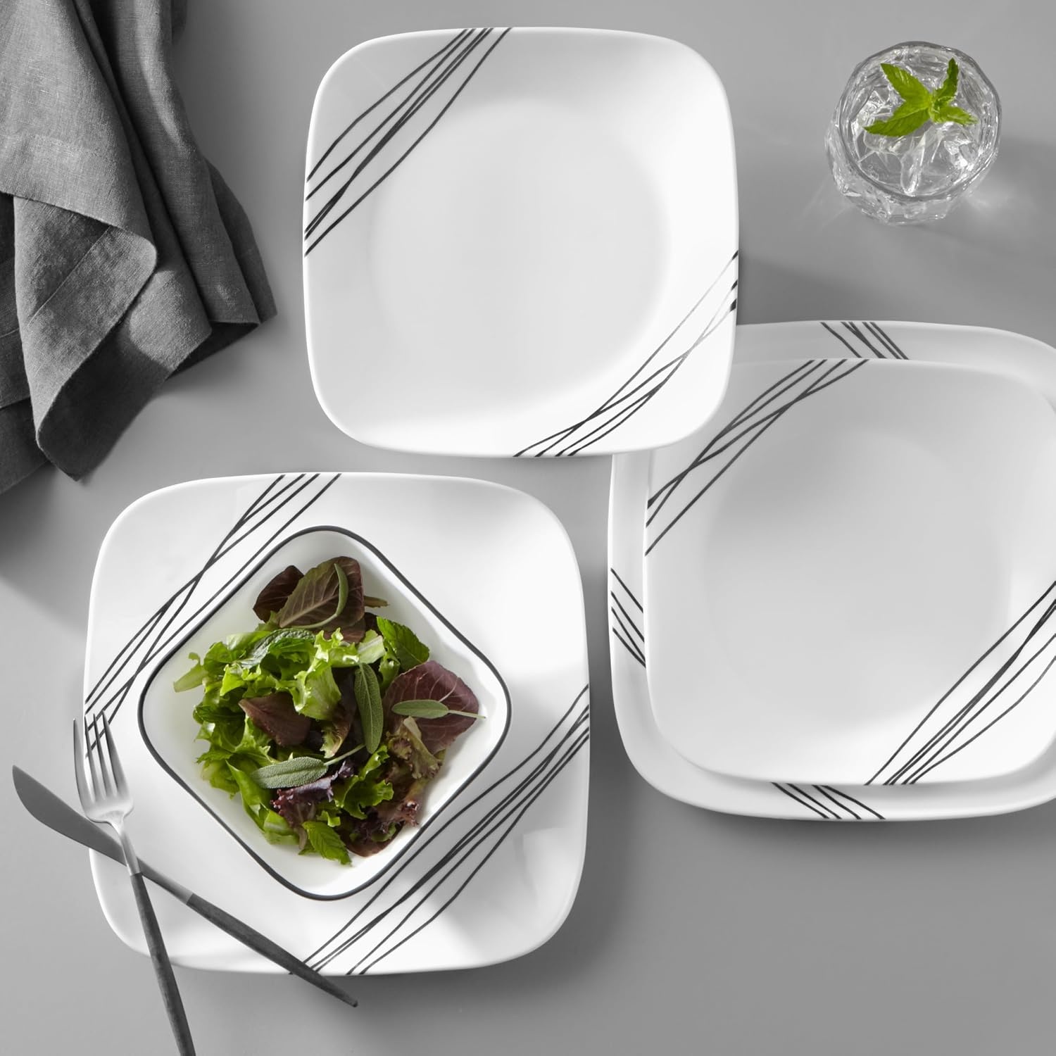 image:imageCorelle Vitrelle 18Piece Service for 6 Square Dinnerware Set Triple Layer Glass and Chip Resistant Lightweight Square Plates and Bowls Set Pure WhiteSimple Sketch