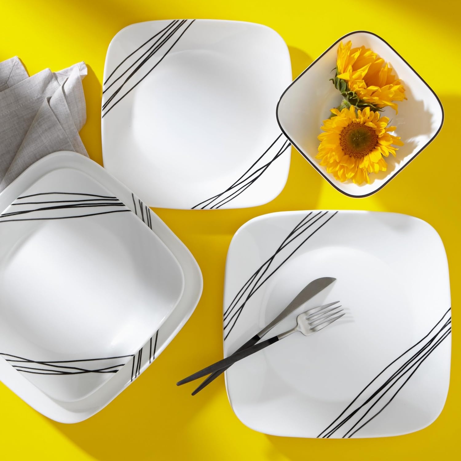 image:imageCorelle Vitrelle 18Piece Service for 6 Square Dinnerware Set Triple Layer Glass and Chip Resistant Lightweight Square Plates and Bowls Set Pure WhiteSimple Sketch