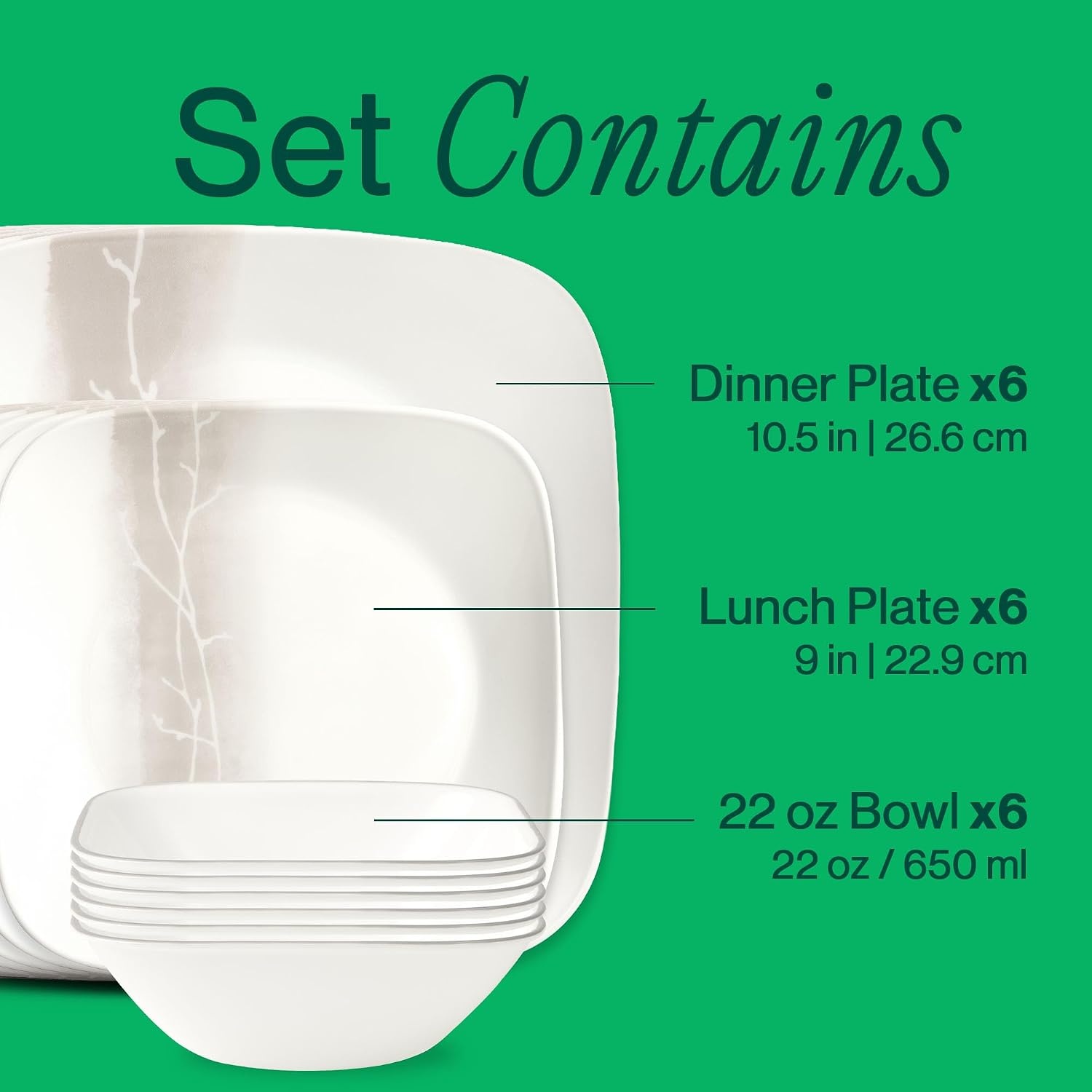 image:imageCorelle Vitrelle 18Piece Service for 6 Square Dinnerware Set Triple Layer Glass and Chip Resistant Lightweight Square Plates and Bowls Set Pure WhiteWandering Grove