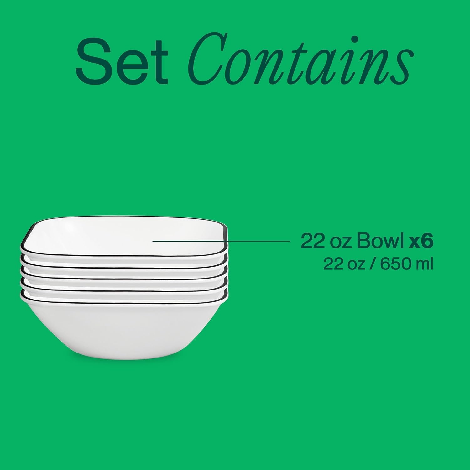image:imageCorelle Vitrelle 6Piece 22Oz 625 Wide Cereal Soup Bowls Triple Layer Glass and Chip Resistant Lightweight Square Dinnerware Bowl Set SplendorBlack Banded