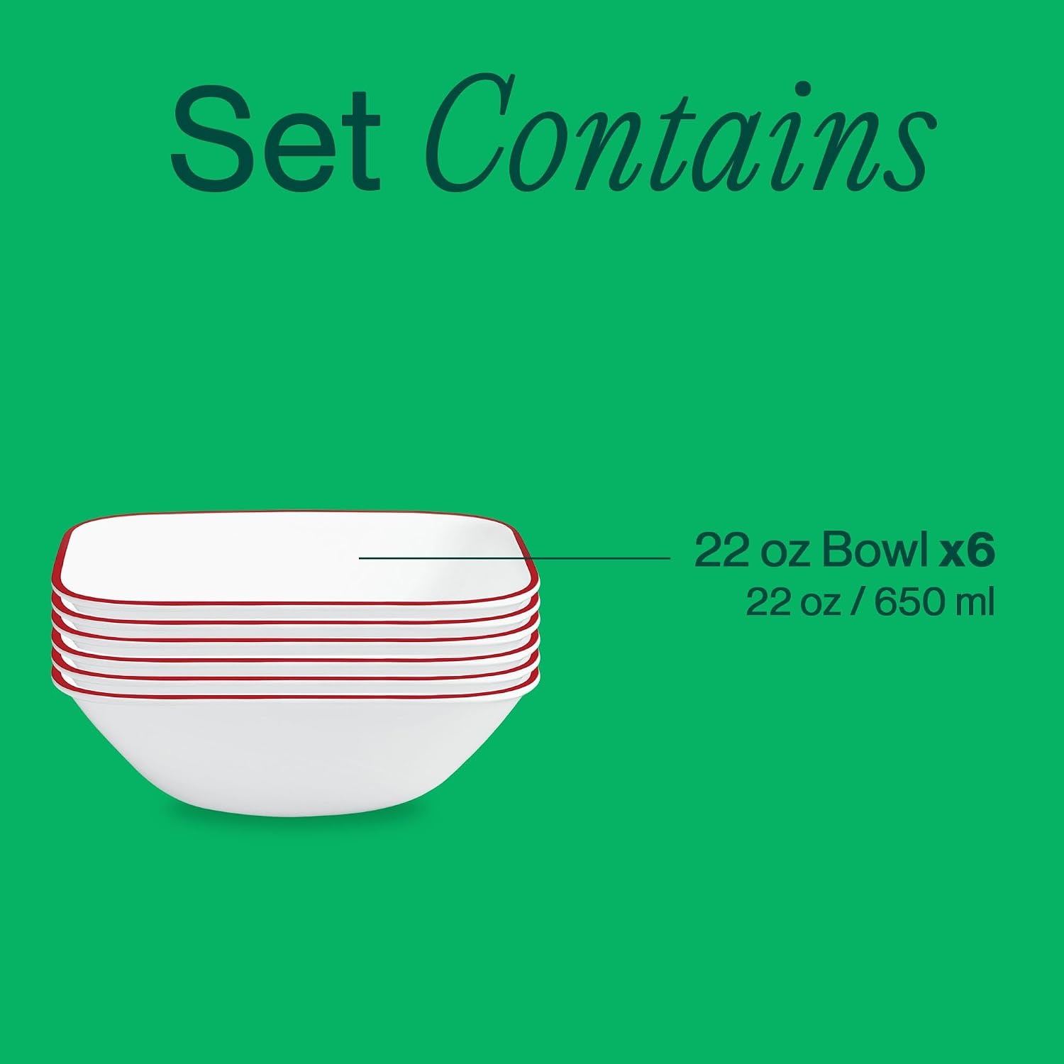 image:imageCorelle Vitrelle 6Piece 22Oz 625 Wide Cereal Soup Bowls Triple Layer Glass and Chip Resistant Lightweight Square Dinnerware Bowl Set SplendorRed Banded
