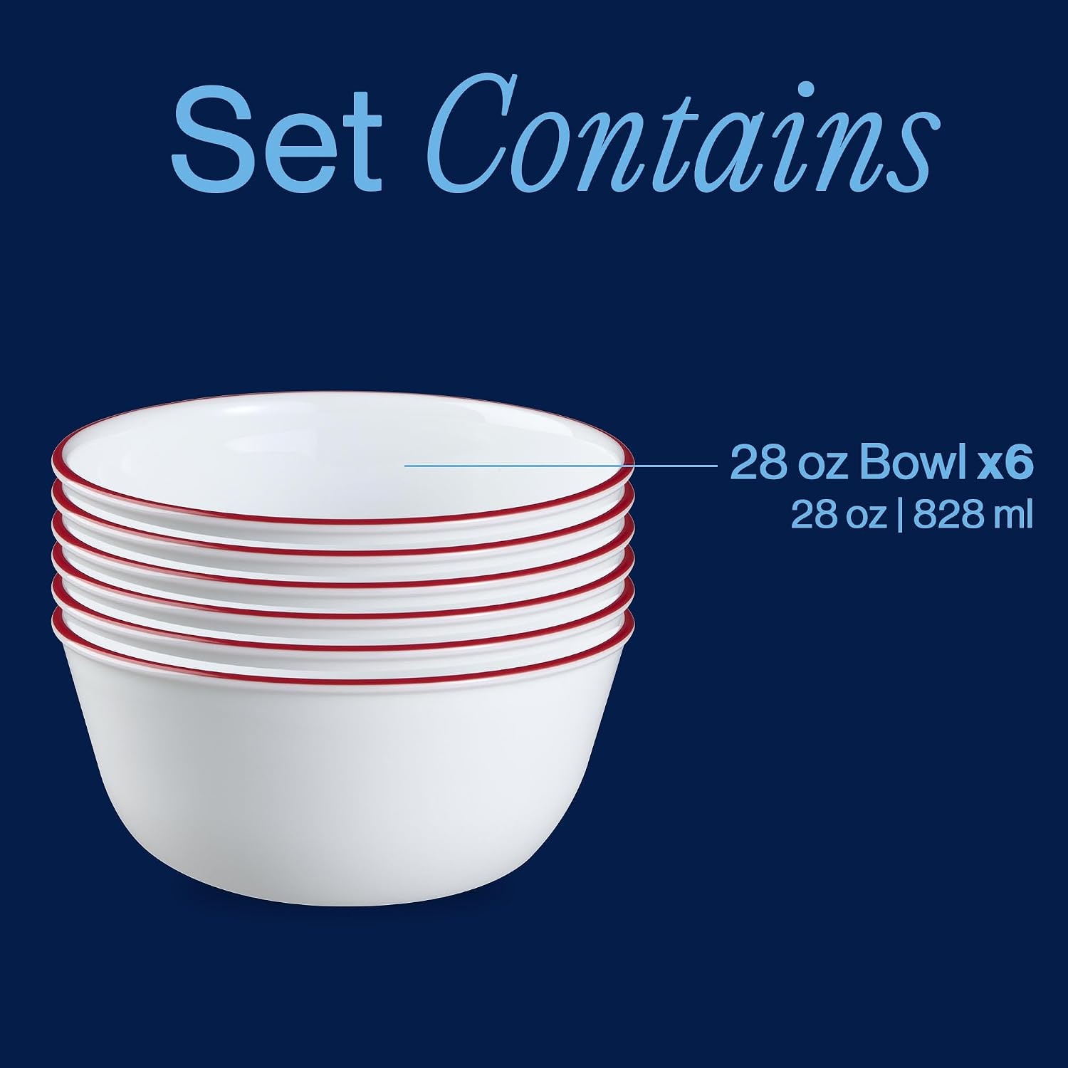 image:imageCorelle Vitrelle 6Piece 22Oz 625 Wide Cereal Soup Bowls Triple Layer Glass and Chip Resistant Lightweight Square Dinnerware Bowl Set SplendorRed Banded