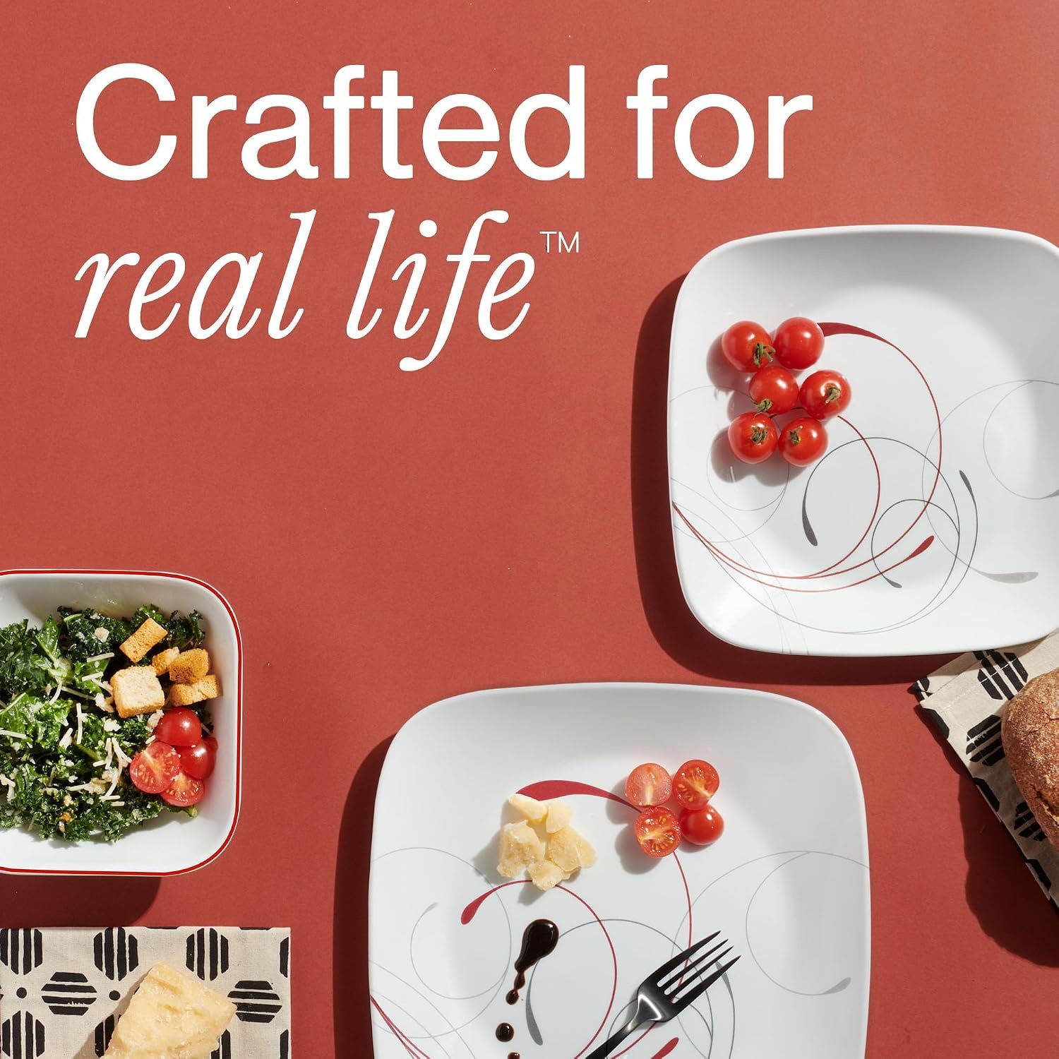 image:imageCorelle Vitrelle 6Piece 22Oz 625 Wide Cereal Soup Bowls Triple Layer Glass and Chip Resistant Lightweight Square Dinnerware Bowl Set SplendorRed Banded