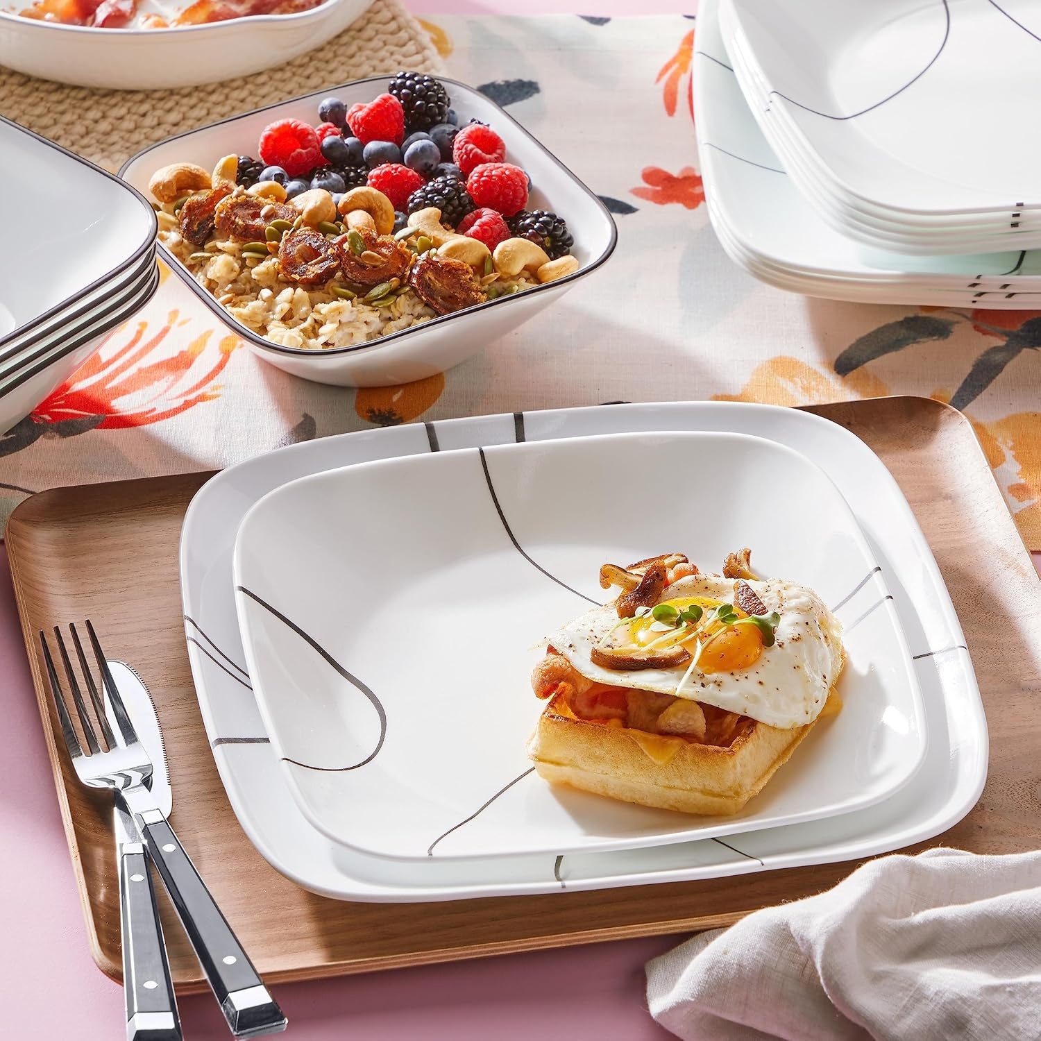 image:imageCorelle Vitrelle 6Piece 22Oz 625 Wide Cereal Soup Bowls Triple Layer Glass and Chip Resistant Lightweight Square Dinnerware Bowl Set SplendorSimple Lines