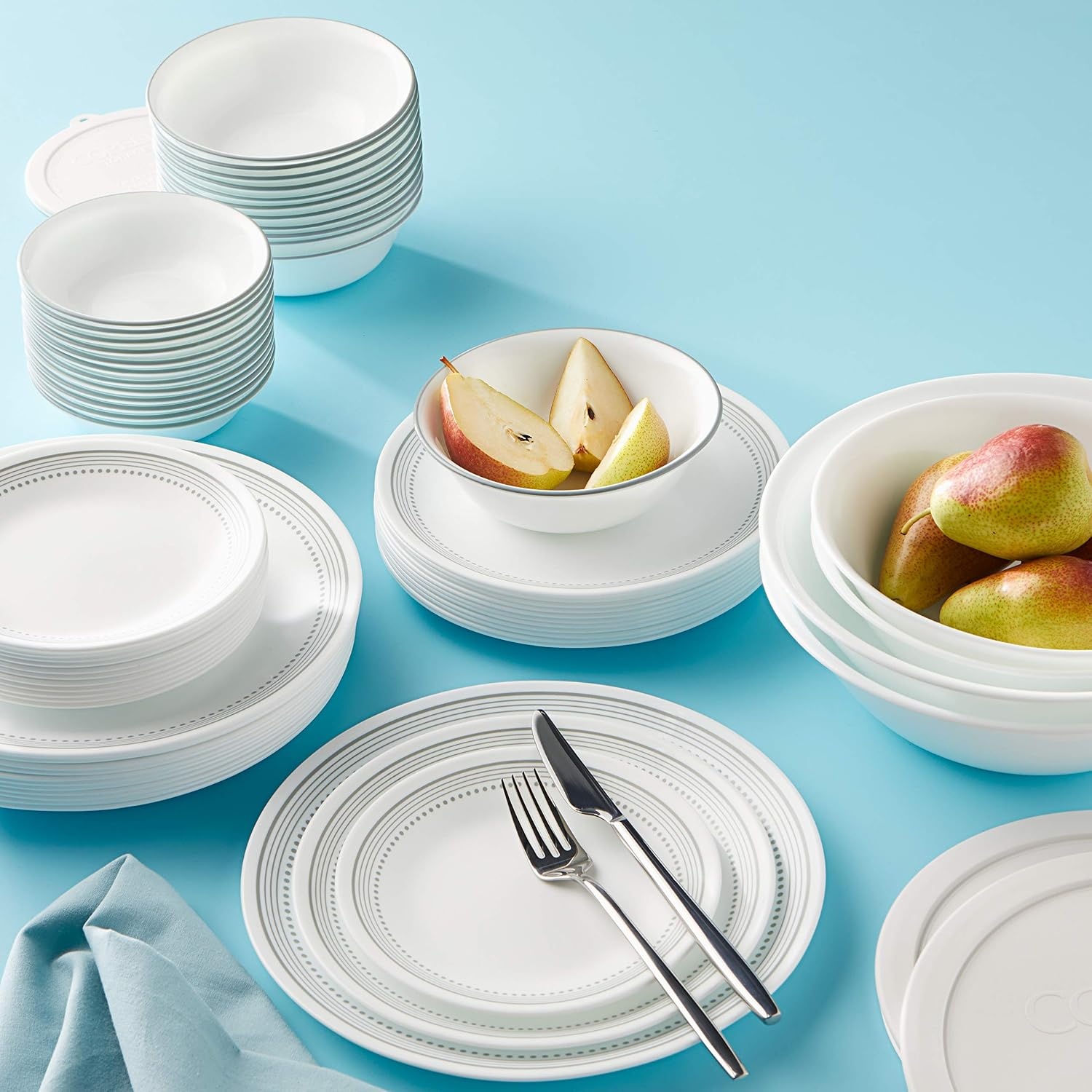 image:imageCorelle Vitrelle 78Piece Service for 12 Dinnerware Set Triple Layer Glass and Chip Resistant Lightweight Round Plates and Bowls Set Winter Frost WhiteMystic Gray