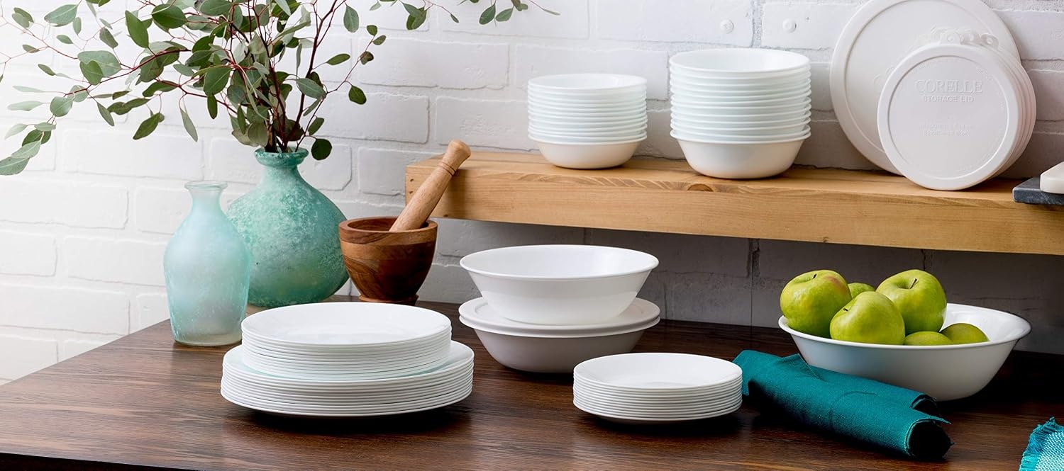 image:imageCorelle Vitrelle 78Piece Service for 12 Dinnerware Set Triple Layer Glass and Chip Resistant Lightweight Round Plates and Bowls Set Winter Frost WhiteWinter Frost White