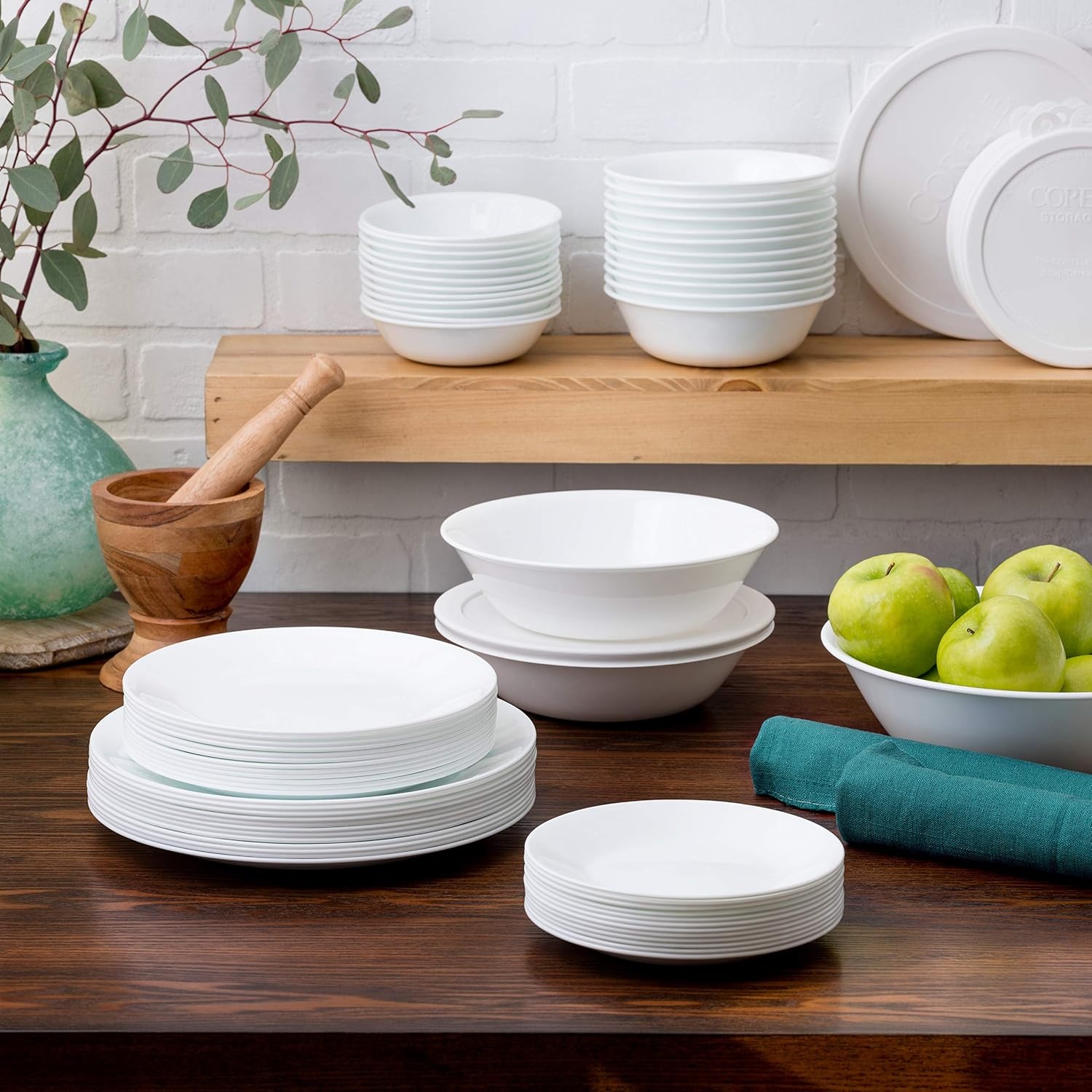 image:imageCorelle Vitrelle 78Piece Service for 12 Dinnerware Set Triple Layer Glass and Chip Resistant Lightweight Round Plates and Bowls Set Winter Frost WhiteWinter Frost White
