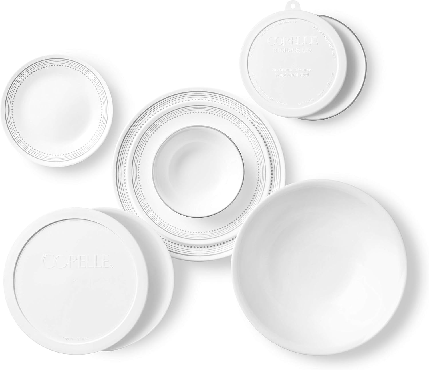 image:imageCorelle Vitrelle 78Piece Service for 12 Dinnerware Set Triple Layer Glass and Chip Resistant Lightweight Round Plates and Bowls Set Winter Frost WhiteMystic Gray