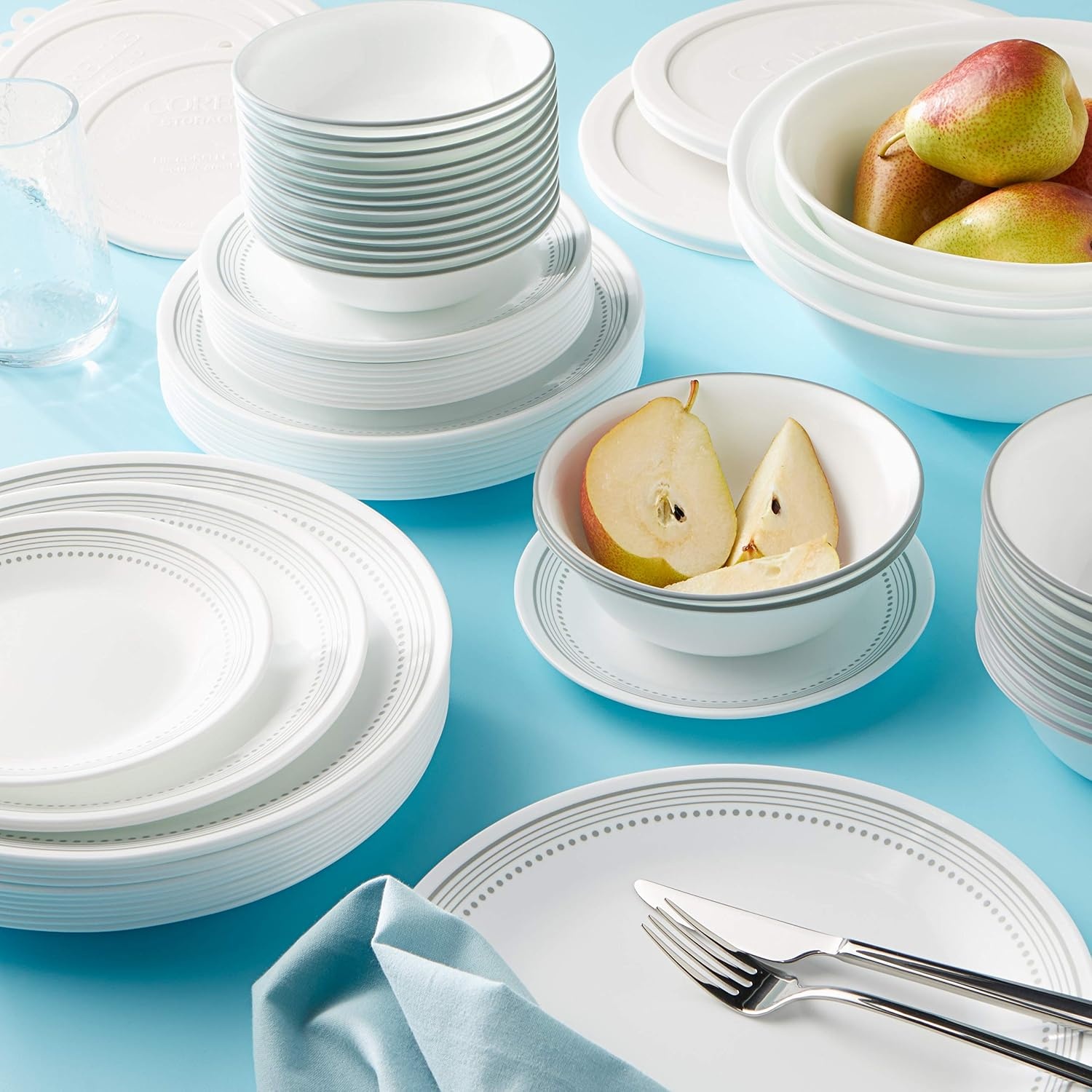 image:imageCorelle Vitrelle 78Piece Service for 12 Dinnerware Set Triple Layer Glass and Chip Resistant Lightweight Round Plates and Bowls Set Winter Frost WhiteMystic Gray