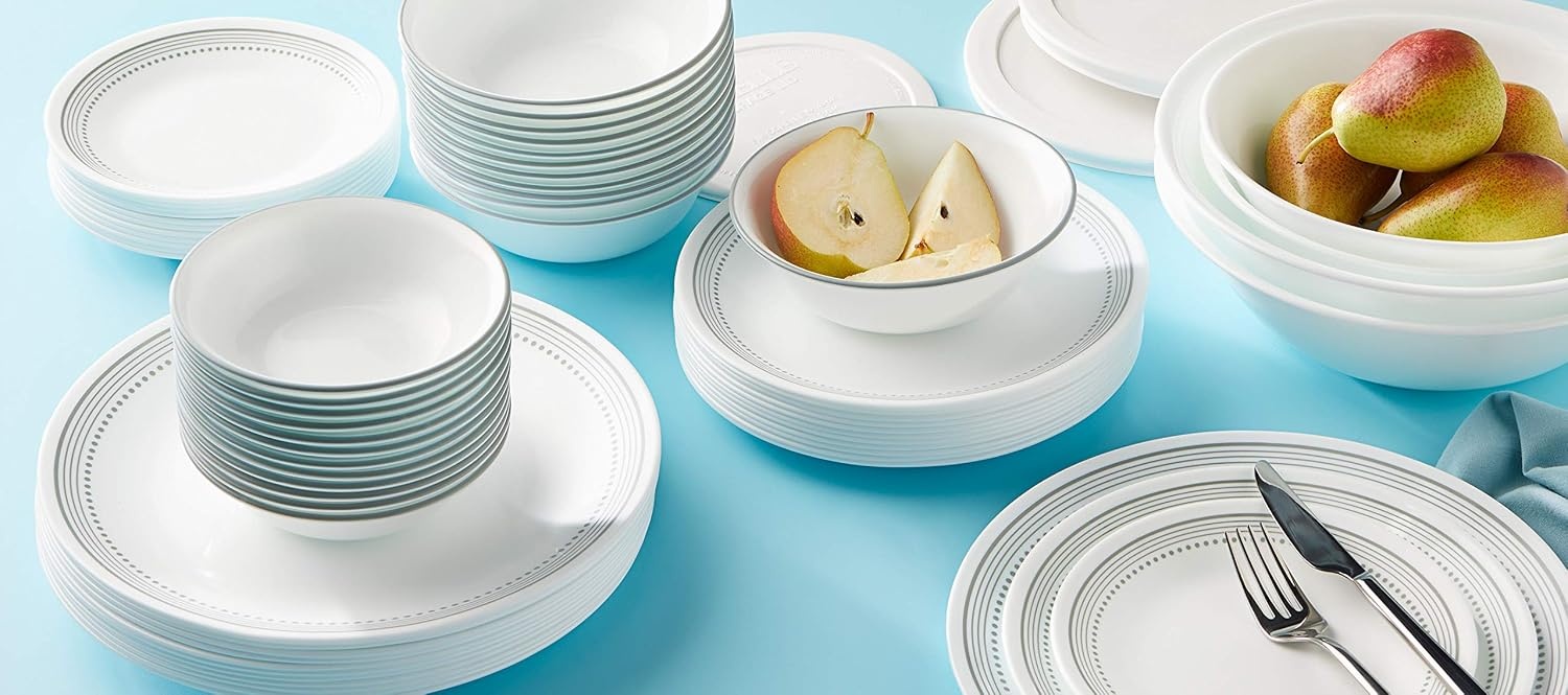 image:imageCorelle Vitrelle 78Piece Service for 12 Dinnerware Set Triple Layer Glass and Chip Resistant Lightweight Round Plates and Bowls Set Winter Frost WhiteMystic Gray