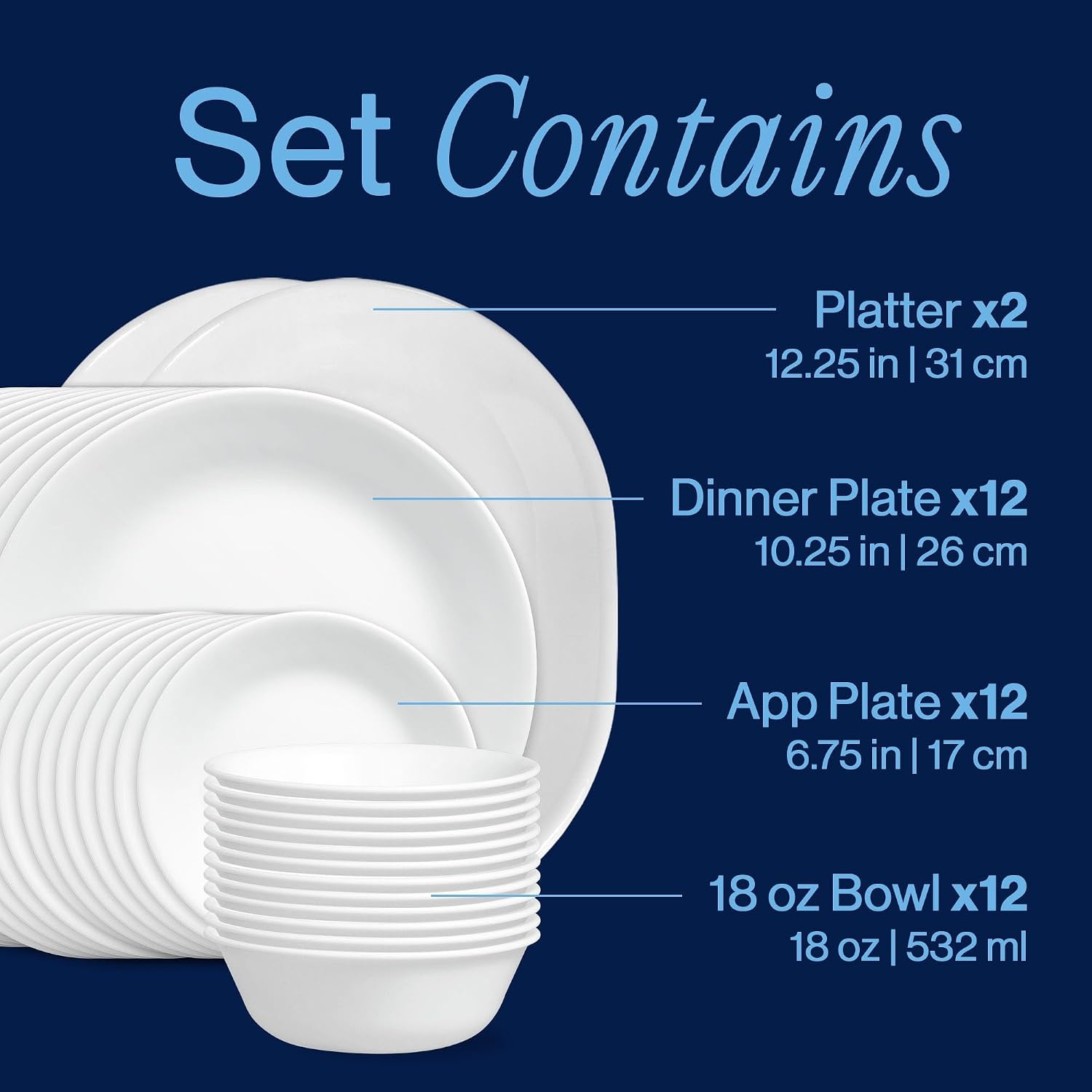 image:imageCorelle Vitrelle 78Piece Service for 12 Dinnerware Set Triple Layer Glass and Chip Resistant Lightweight Round Plates and Bowls Set Winter Frost WhiteWinter Frost White