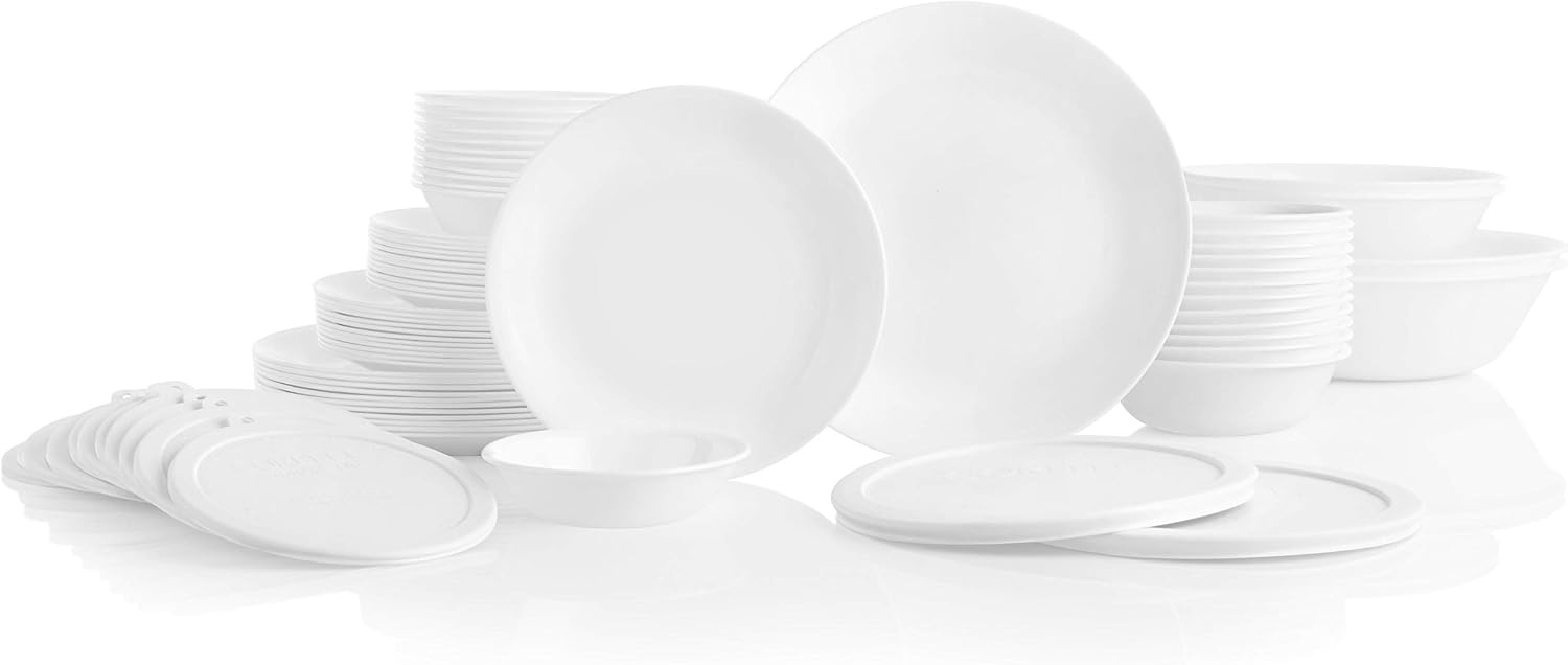 image:imageCorelle Vitrelle 78Piece Service for 12 Dinnerware Set Triple Layer Glass and Chip Resistant Lightweight Round Plates and Bowls Set Winter Frost WhiteWinter Frost White