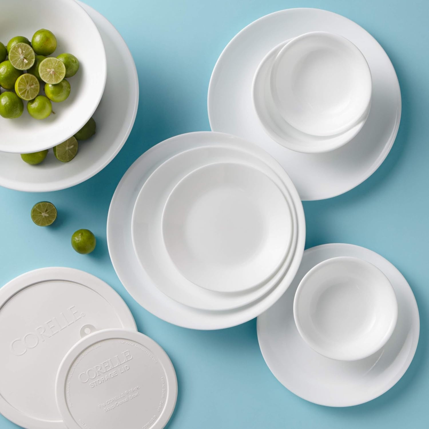 image:imageCorelle Vitrelle 78Piece Service for 12 Dinnerware Set Triple Layer Glass and Chip Resistant Lightweight Round Plates and Bowls Set Winter Frost WhiteWinter Frost White