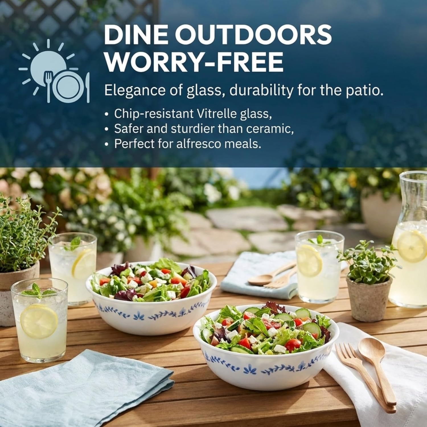 image:imageCorelle Vitrelle Salad Plates Set Triple Layer Glass and Chip Resistant 9Inch Lightweight Round Plates Portofino Caspian 6Piece16oz Bowls