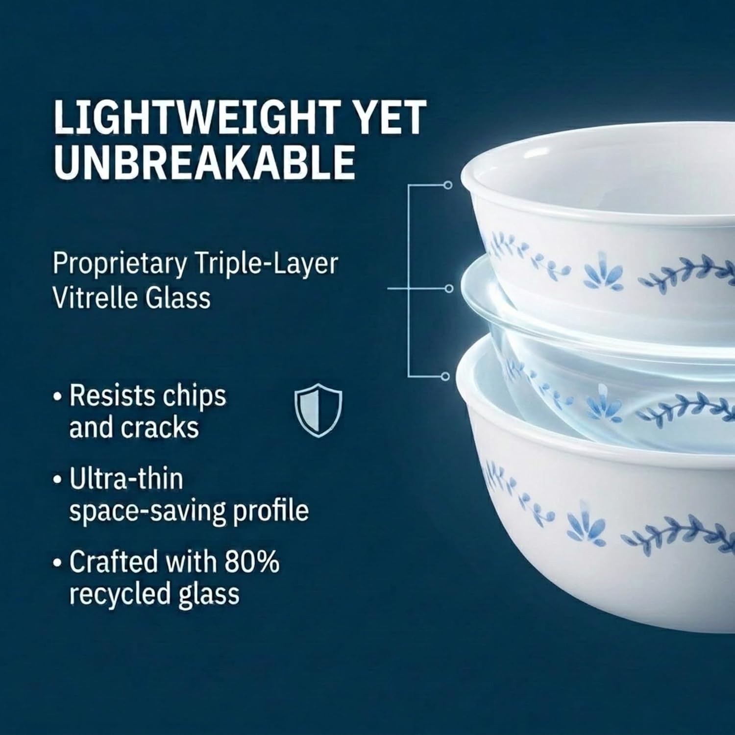 image:imageCorelle Vitrelle Salad Plates Set Triple Layer Glass and Chip Resistant 9Inch Lightweight Round Plates Portofino Caspian 6Piece16oz Bowls