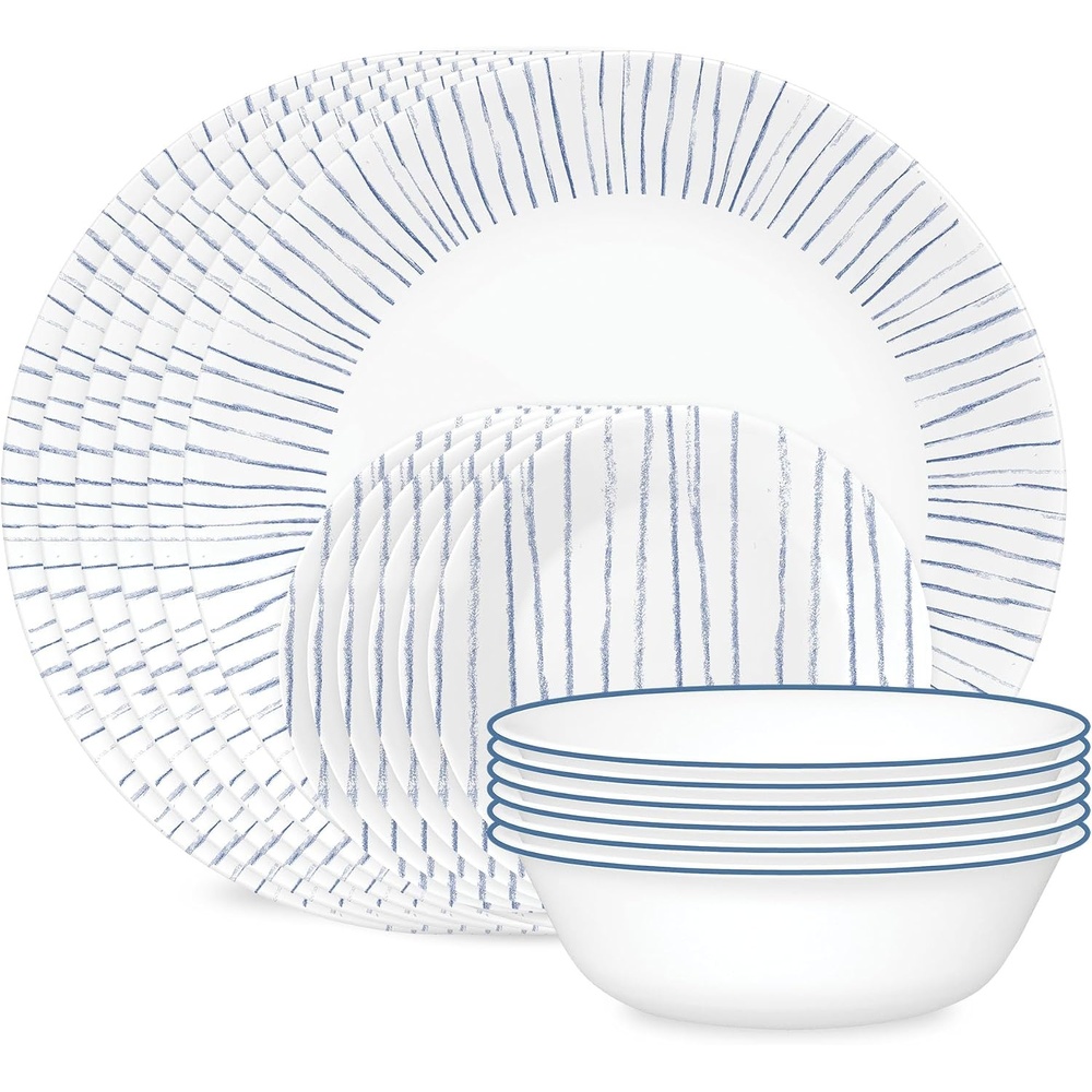 image:imageCorelle Vitrelle 18Piece Service for 6 Dinnerware Set Triple Layer Glass and Chip Resistant Lightweight Round Plates and Bowls Set PortofinoNautical Stripes
