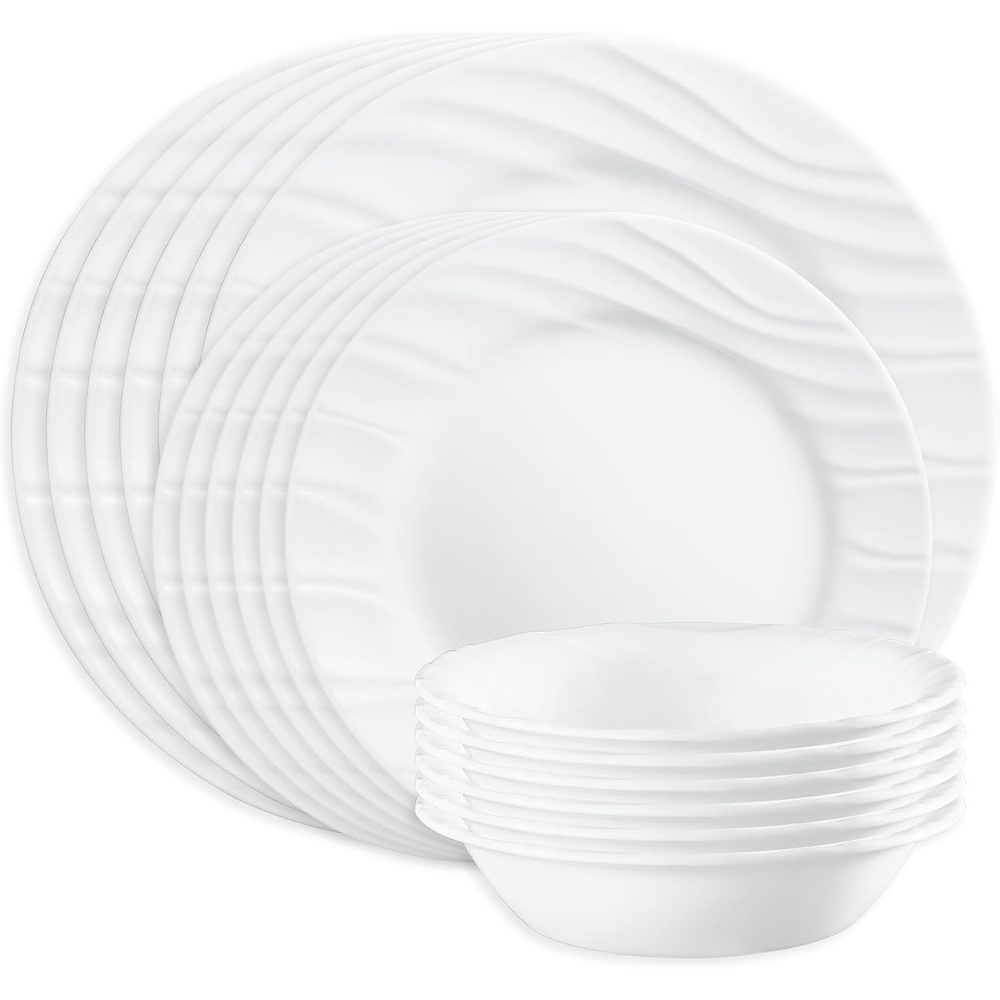 image:imageCorelle Vitrelle 18Piece Service for 6 Dinnerware Set Triple Layer Glass and Chip Resistant Lightweight Round Plates and Bowls Set PortofinoSwept