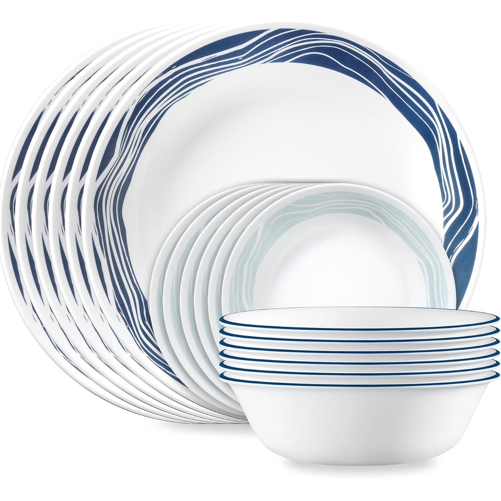 image:imageCorelle Vitrelle 18Piece Service for 6 Dinnerware Set Triple Layer Glass and Chip Resistant Lightweight Round Plates and Bowls Set Winter Frost WhiteAcadia