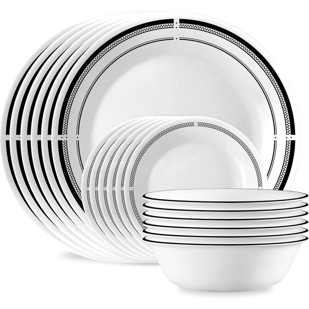 image:imageCorelle Vitrelle 18Piece Service for 6 Dinnerware Set Triple Layer Glass and Chip Resistant Lightweight Round Plates and Bowls Set Winter Frost WhiteBrasserie