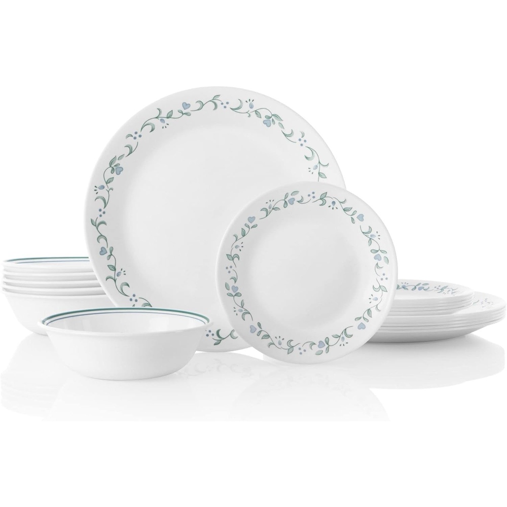 image:imageCorelle Vitrelle 18Piece Service for 6 Dinnerware Set Triple Layer Glass and Chip Resistant Lightweight Round Plates and Bowls Set Winter Frost WhiteCountry Cottage